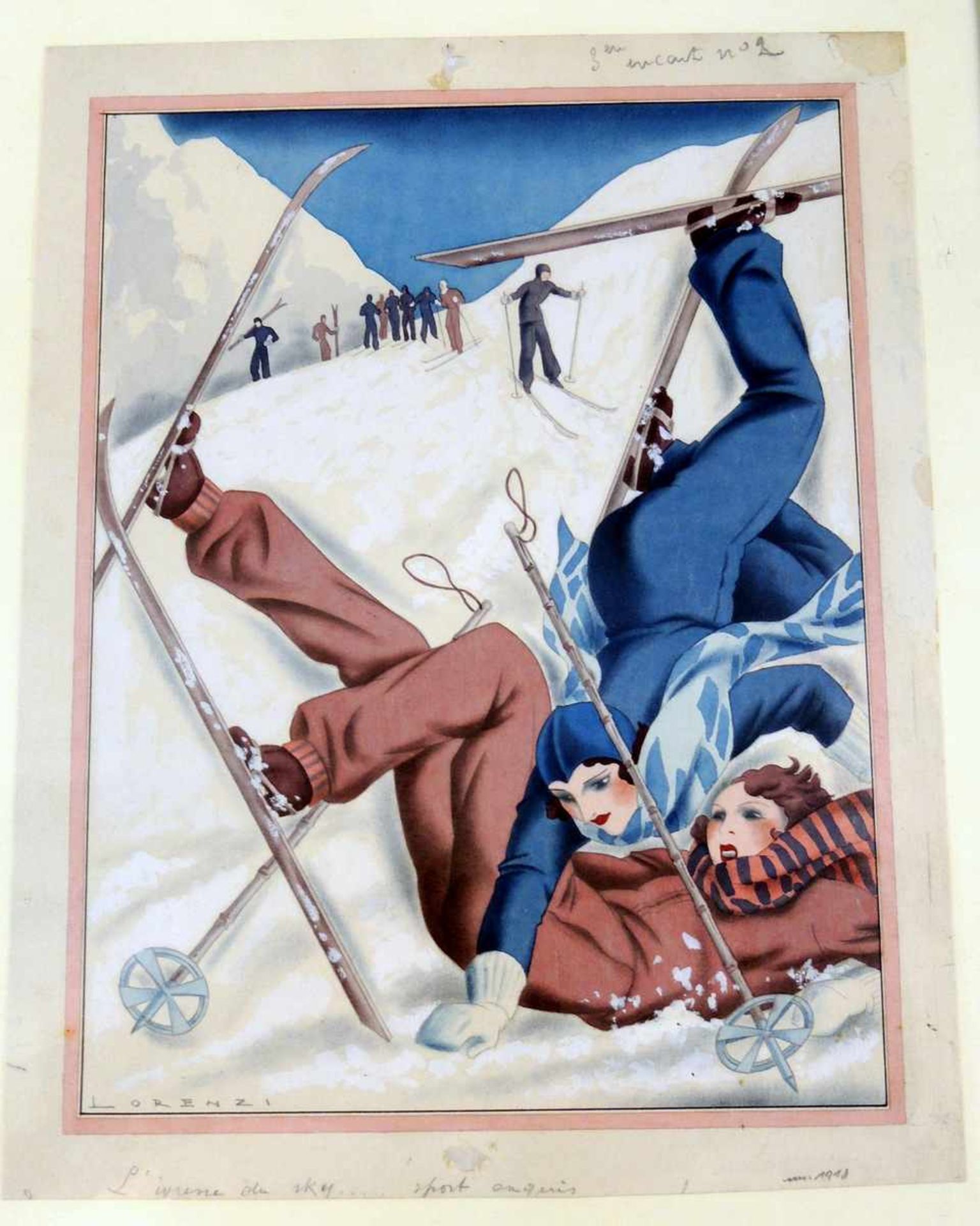 Alberto Fabio Lorenzi, Italien 1880 - 1969 Skiunfall. Aquarell mit Deckweiß gehöht, Bleistift auf