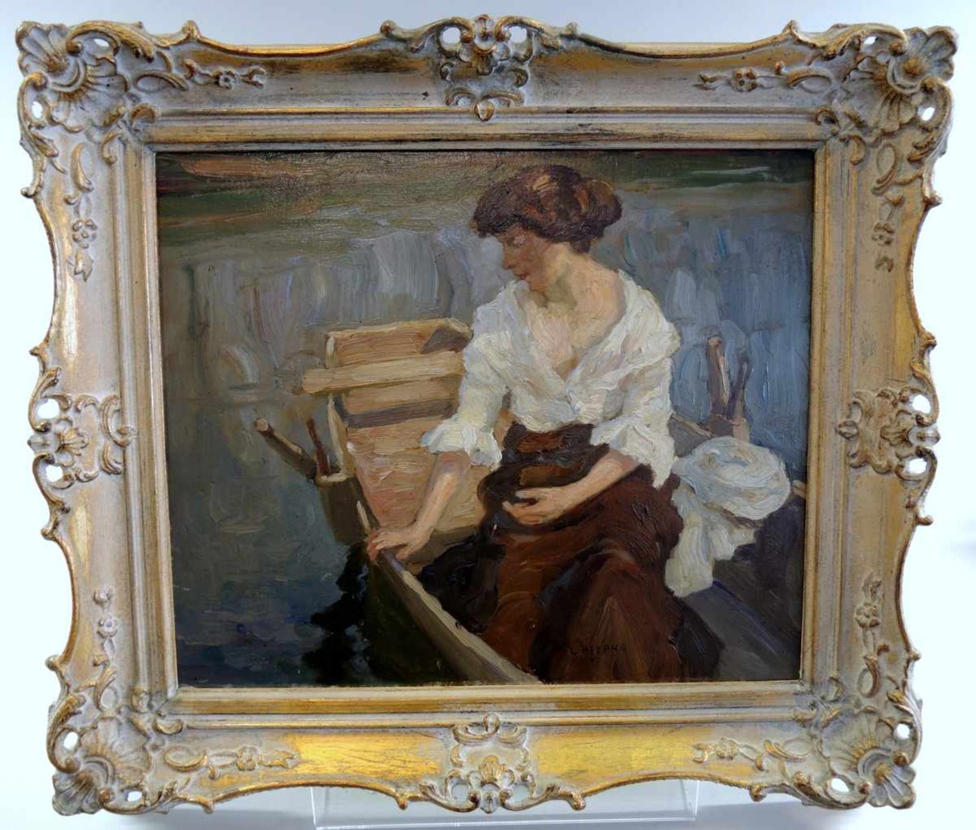 Carl Piepho, 1869 Frankfurt - 1920 München Mädchen im Boot. Öl/Malkarton, gerahmt. Signiert "Carl - Bild 2 aus 3