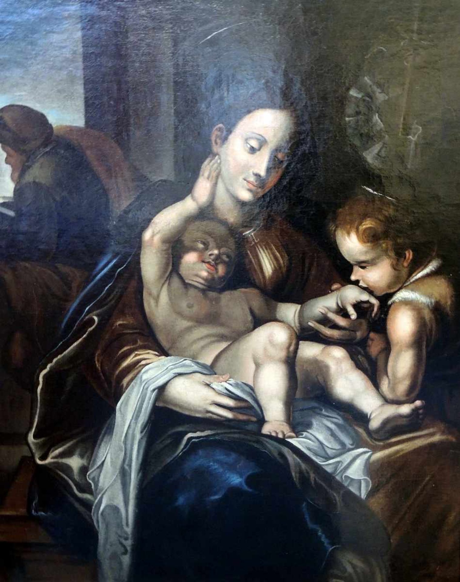 Maria mit Jesuskind und Johannes dem Täufer Öl/Leinwand, gerahmt, doubliert. Unsigniert. 18. Jh. H x