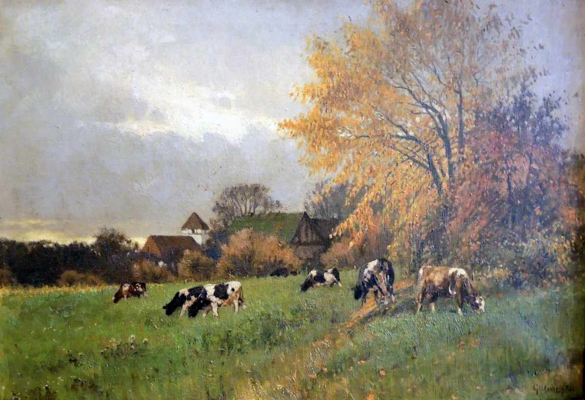 Max Gildemeister, deutsch, 1872-1935 Kühe auf herbstlicher Weide. Öl/Leinwand, doubliert, gerahmt.