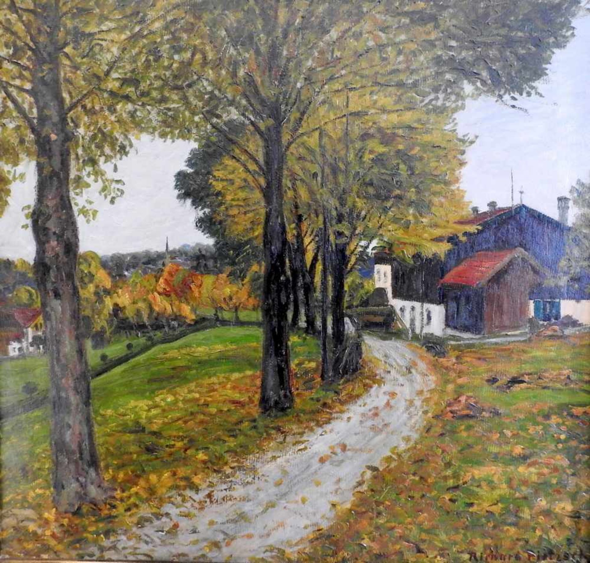 Gemälde von Richard Pietzsch, 1872 Blasewitz - 1960 München Landhaus in Wackersberg im Herbst. Öl/