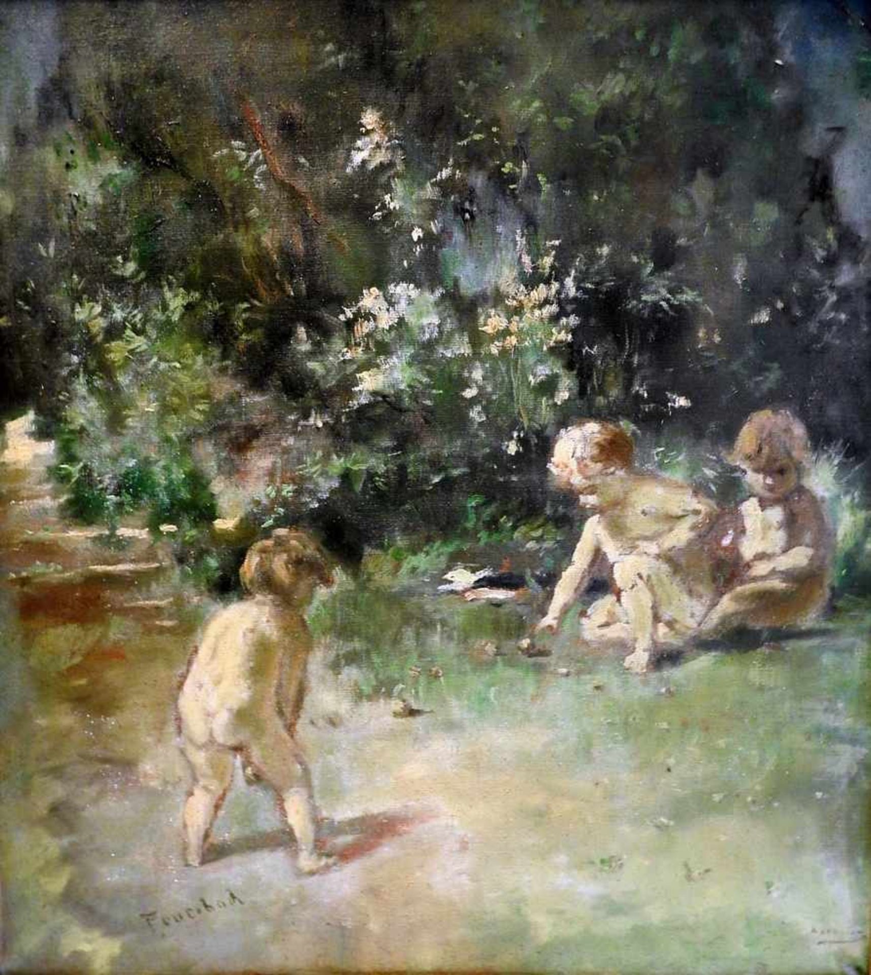 Anselm Feuerbach, 1829 Speyer - 1880 Venedig Spielende Kinder im sommerlichen Garten. Öl/Leinwand,