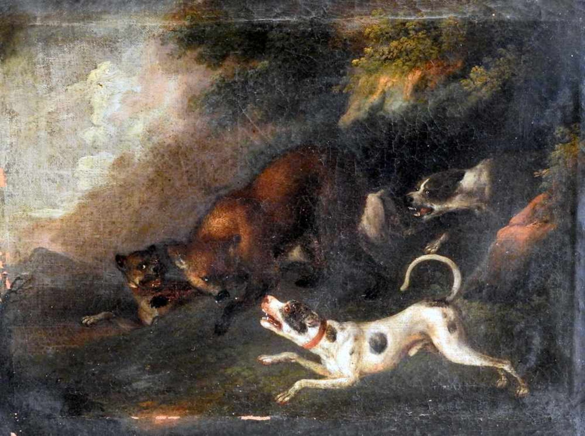 Paar Jagd-Gemälde Hunde bei der Jagd. Öl/Leinwand, gerahmt, unsigniert. Teils Farbabplatzer. Wohl