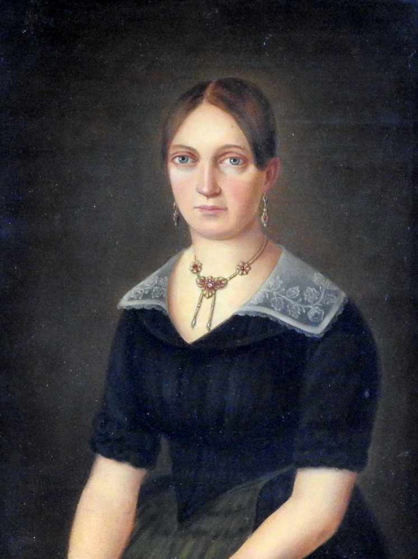 Paar Biedermeier-Portraits eines Ehepaars Öl/Leinwand, gerahmt. Gegenstücke: elegantes Ehepaar, Frau