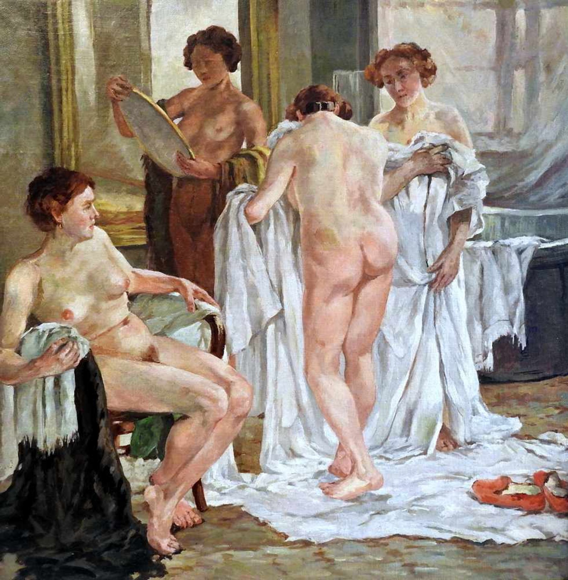 Vier Frauen bei der Morgentoilette Öl/Leinwand, gerahmt. Unsigniert. Deutschland, um 1880/90. H x