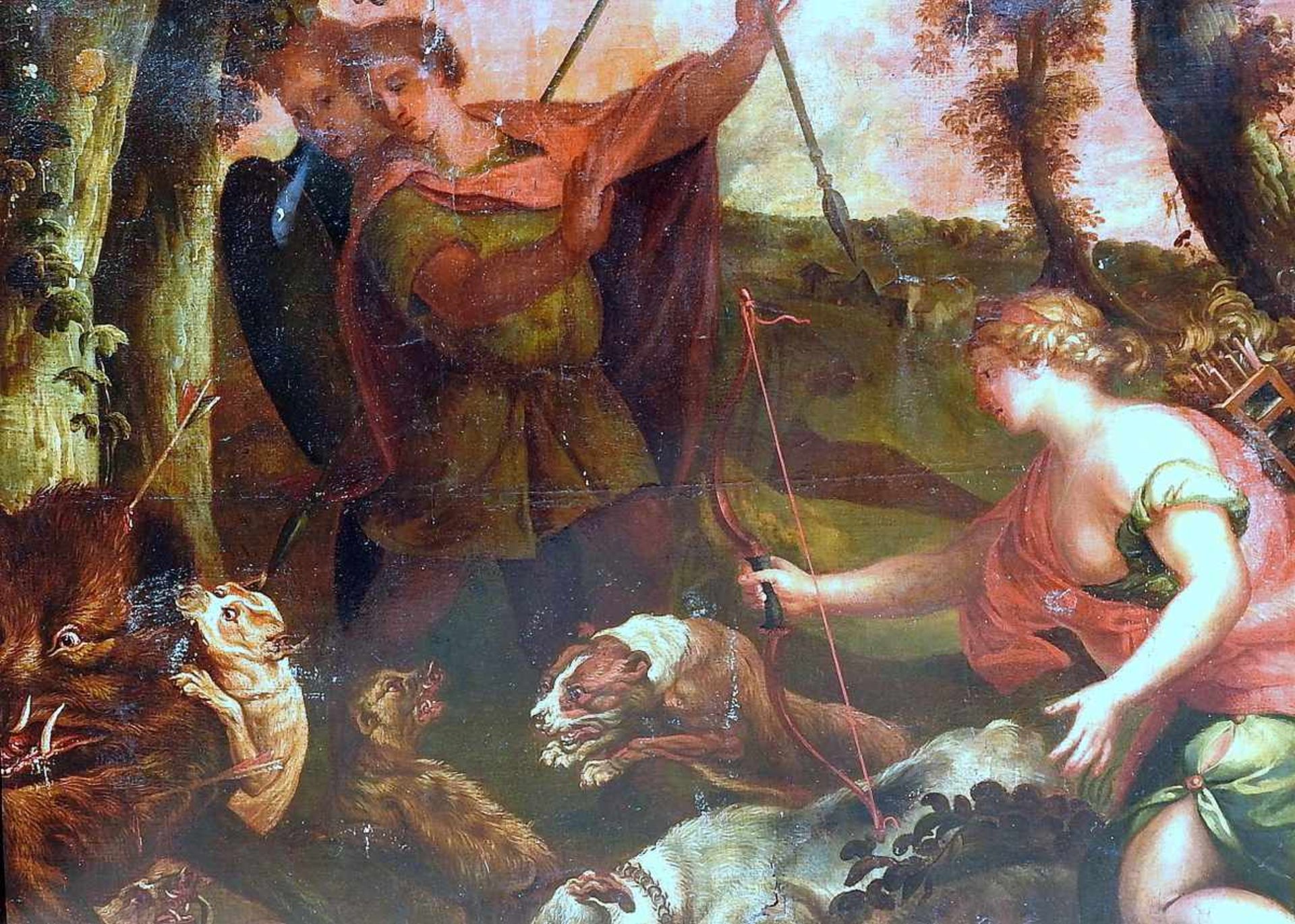 Altmeister Gemälde Öl/Leinwand, gerahmt. Menschengruppe in antiken Gewändern mit Hunden bei der Jagd