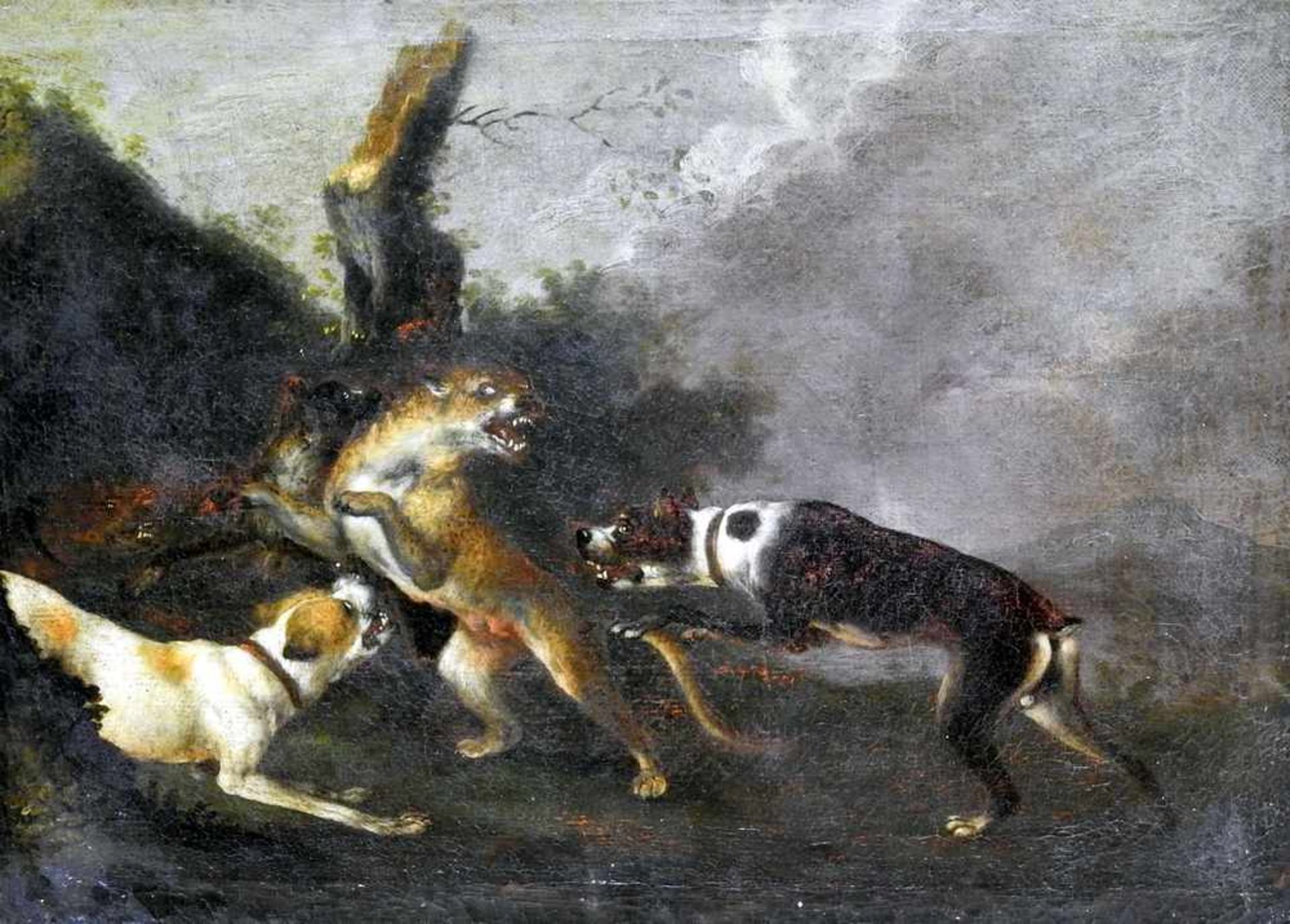 Paar Jagd-Gemälde Hunde bei der Jagd. Öl/Leinwand, gerahmt, unsigniert. Teils Farbabplatzer. Wohl - Bild 2 aus 2