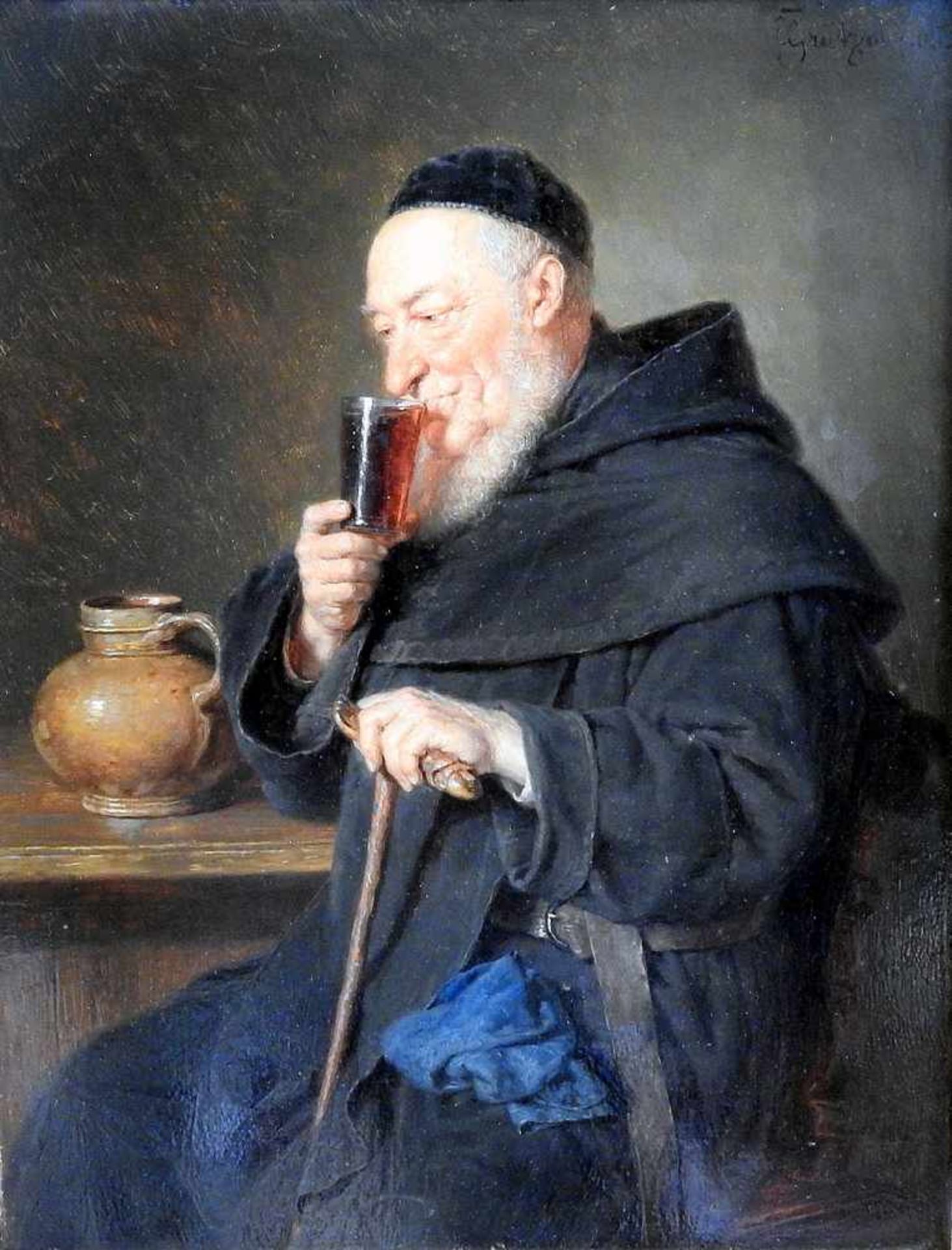 Eduard Grützner, 1846 Groß-Karlowitz - 1925 Schlesien Mönch beim Weingenuss. Öl/Holztafel,