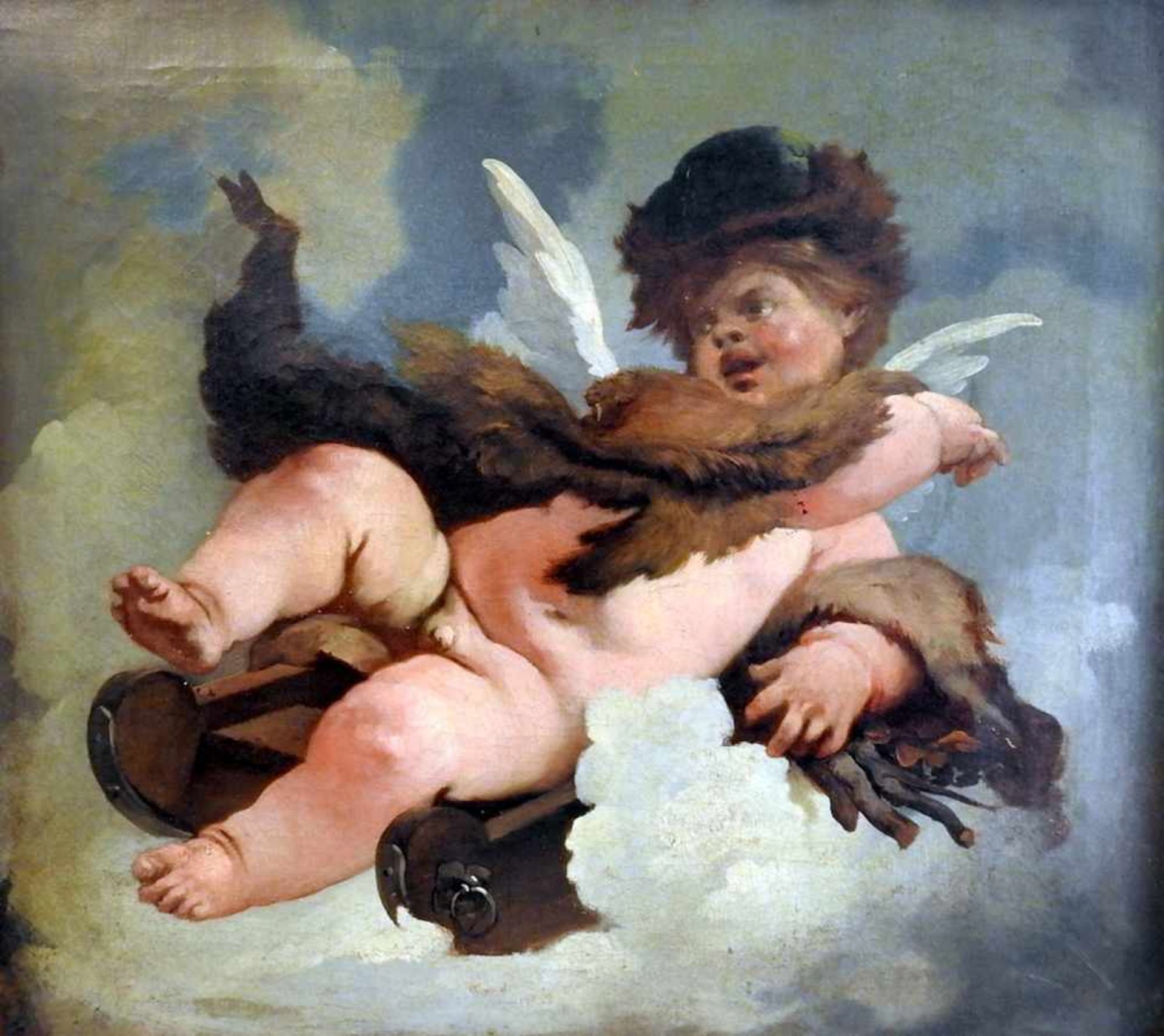 Putto als Allegorie des Winters Putto mit Winterpelz. Öl/Leinwand, gerahmt. Gemälde in der Art von