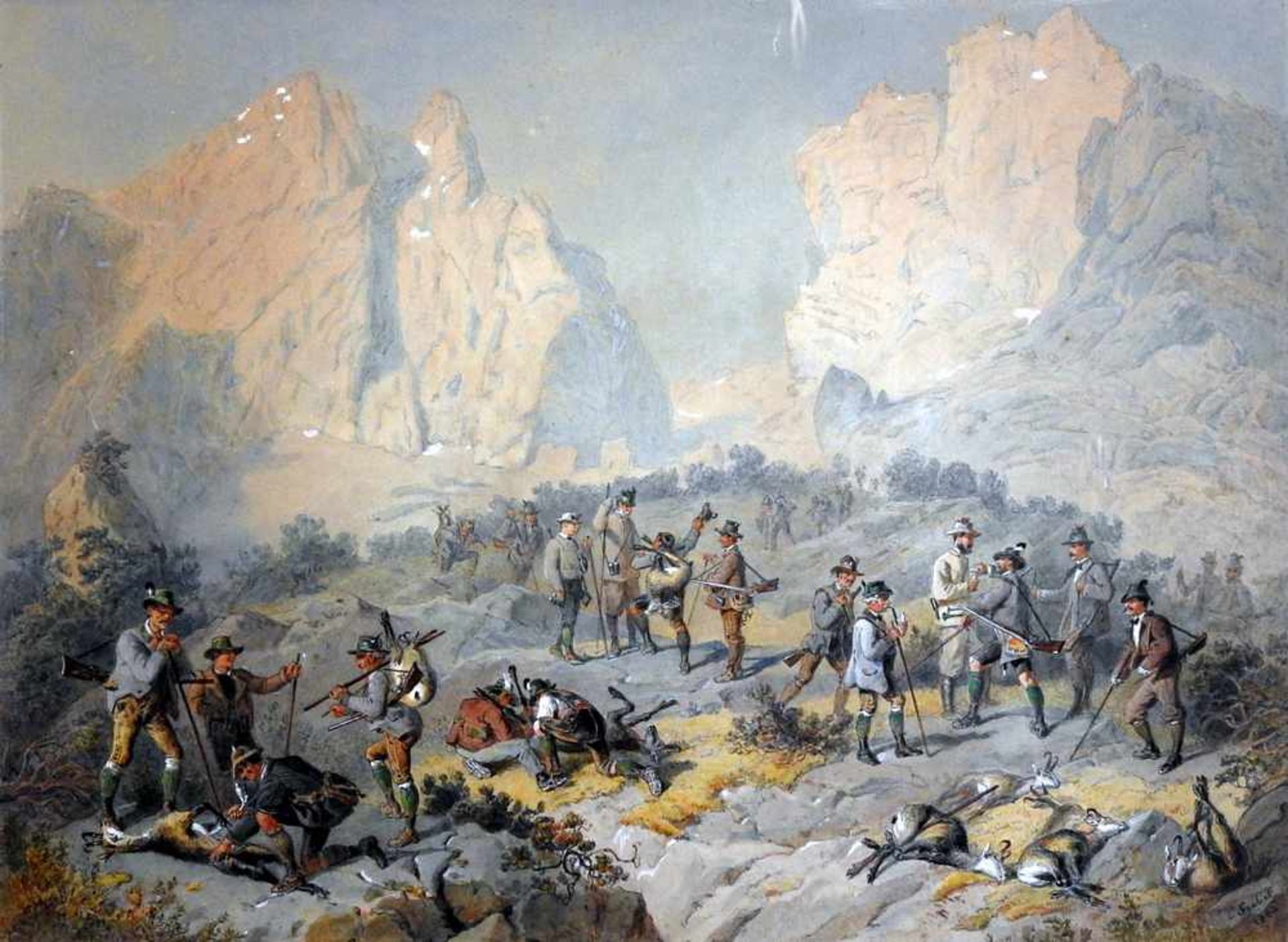 Carl Peter Goebel, 1824 Wien - 1899 ebenda Jagdszene in den Alpen. Aquarell/Guache auf Papier,