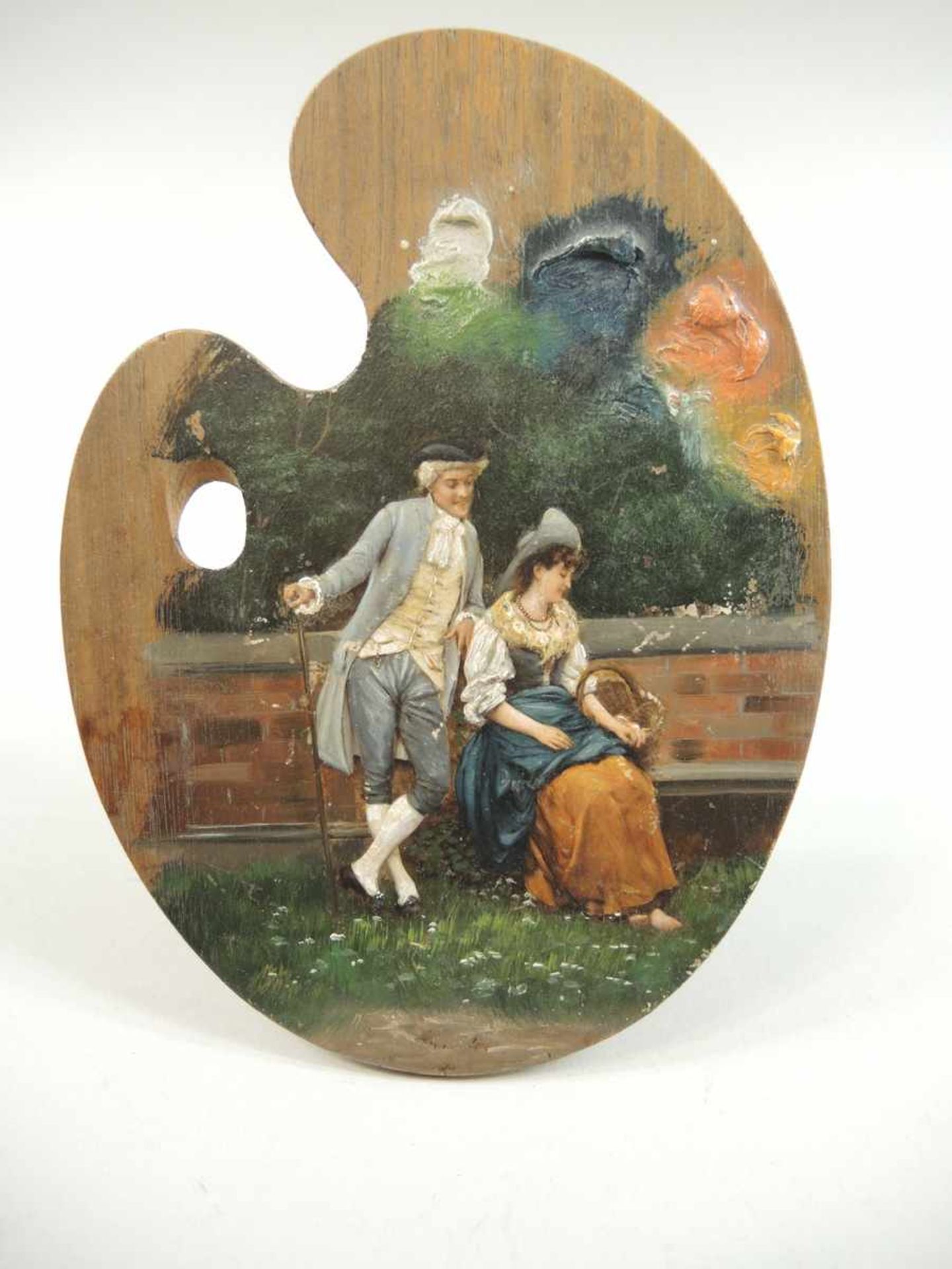 Kleine Malerpalette mit galanter Szenerie Öl/Holz, ungerahmt. Verso datiert 22. Juli 1901. - Bild 2 aus 2