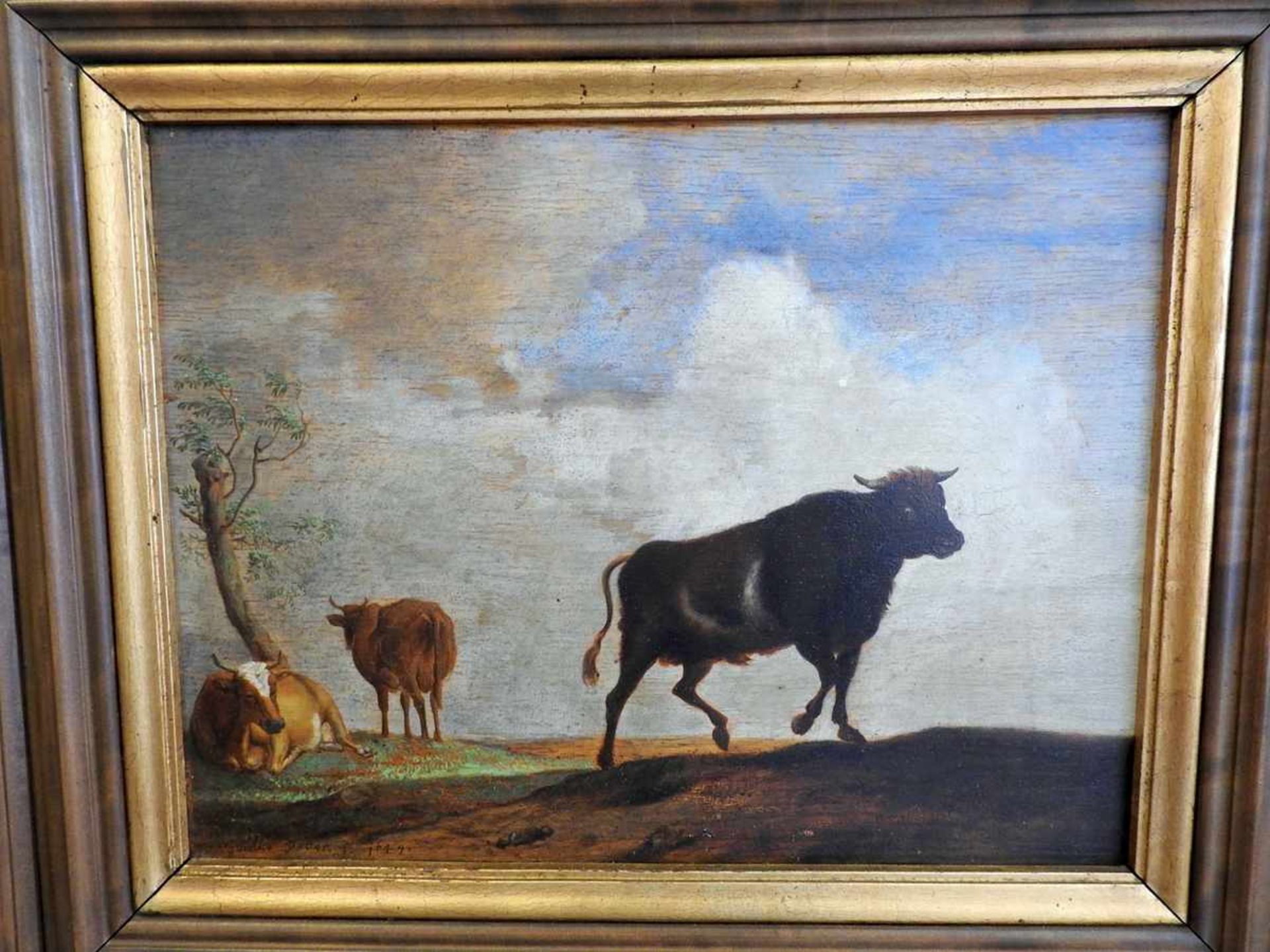 Paulus Potter, 1625 Enkhuizen - 1654 Amsterdam "Stiere auf der Weide". Öl/Holz, gerahmt. Links unten - Bild 2 aus 3