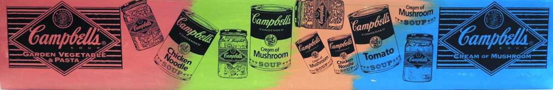 Steve Kaufman, 1960 Bronx - 2010 Vail Pop Art. Campbell's Soup Dosen auf buntem Hintergrund. Öl/