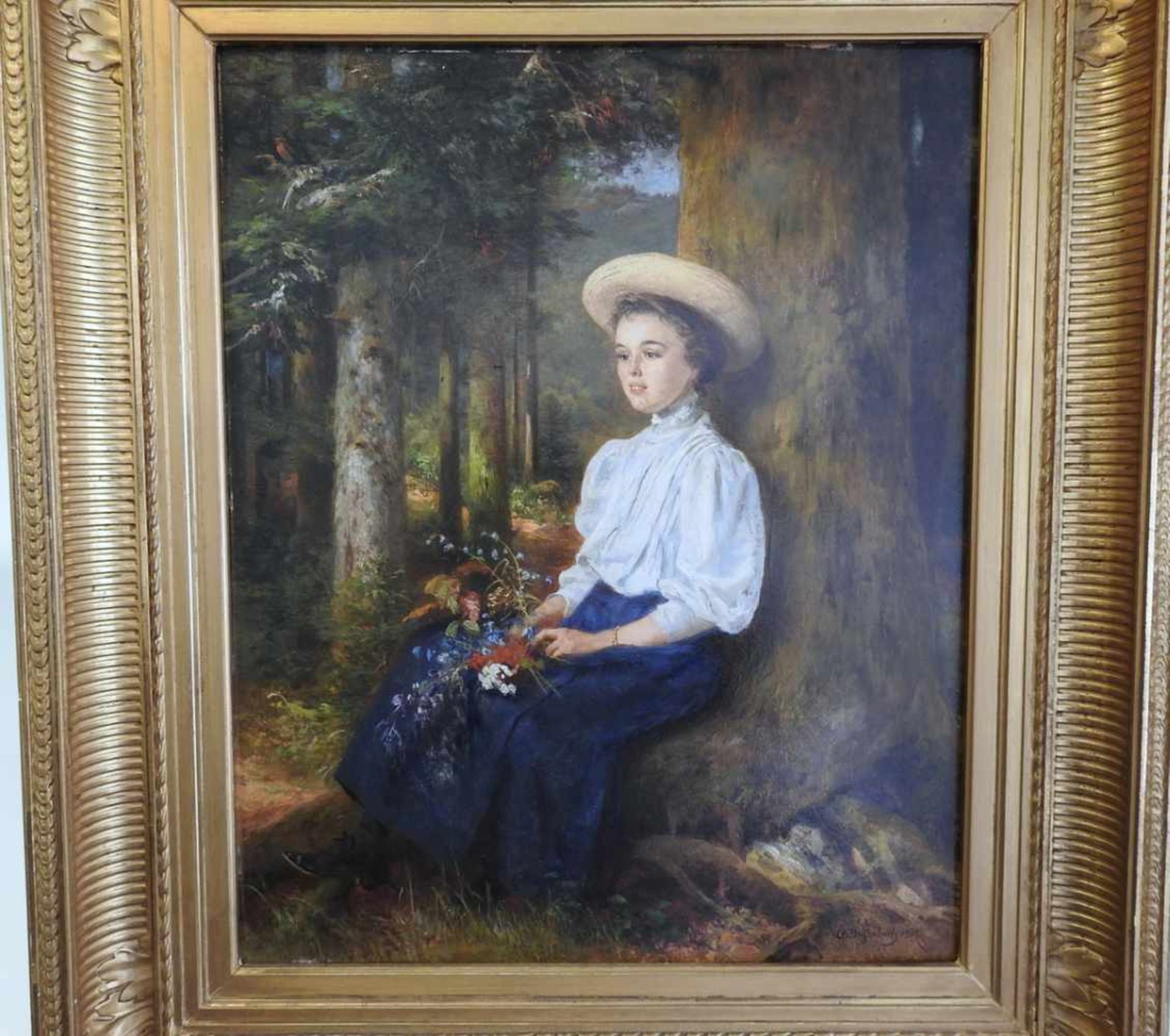 Anton Dieffenbach, 1831 Wiesbaden - 1914 Le Hohwald Damenportrait mit Sonnenhut und Pflückblumen - Bild 2 aus 2