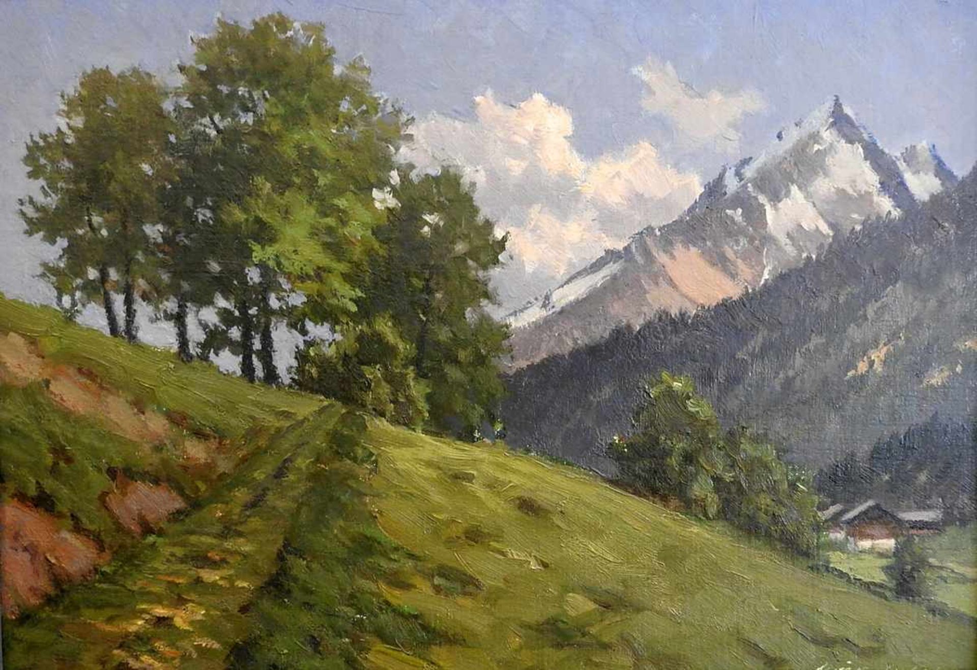 Sommerliche Berglandschaft Öl/Leinwand, auf einem Brett grundiert, gerahmt. Ein Feldweg mit Bäumen