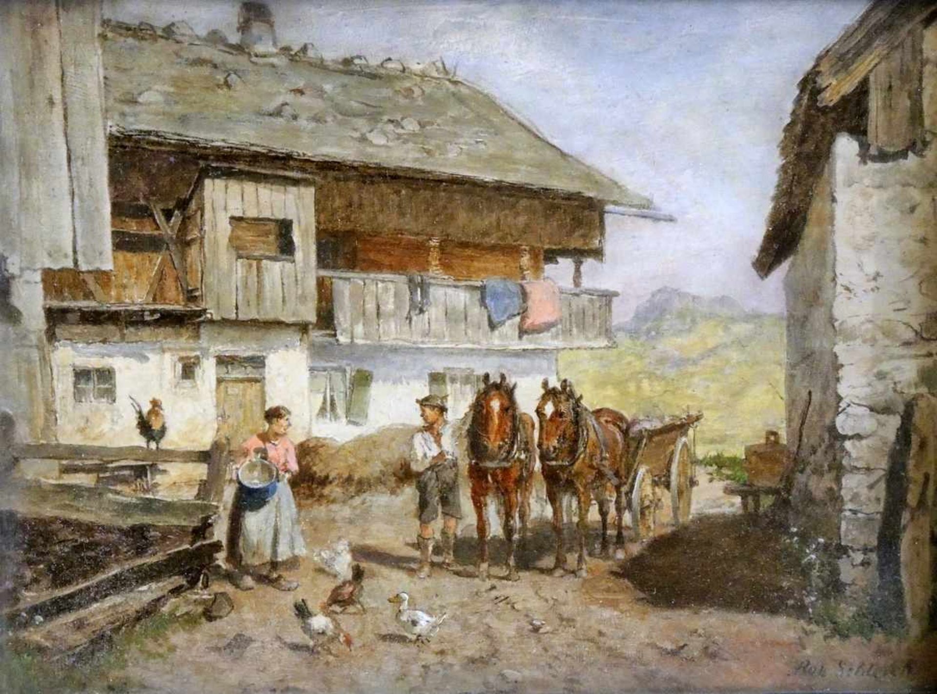 Robert Schleich, 1845 München - 1934 ebenda Bäuerin beim Füttern der Hühner. Öl/Karton, unter