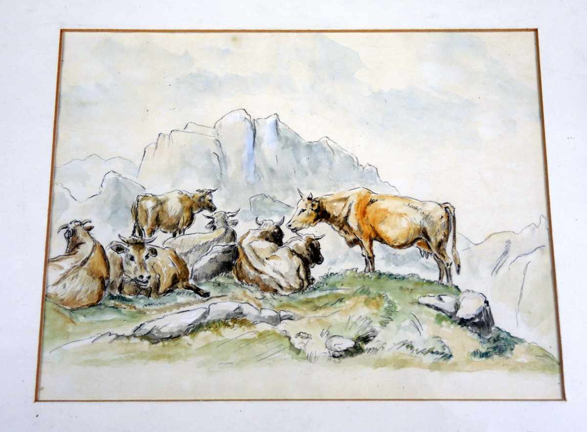 Friedrich Voltz, 1817 Nördlingen - 1886 München Rastender Viehbestand am Berg. Aquarell- und