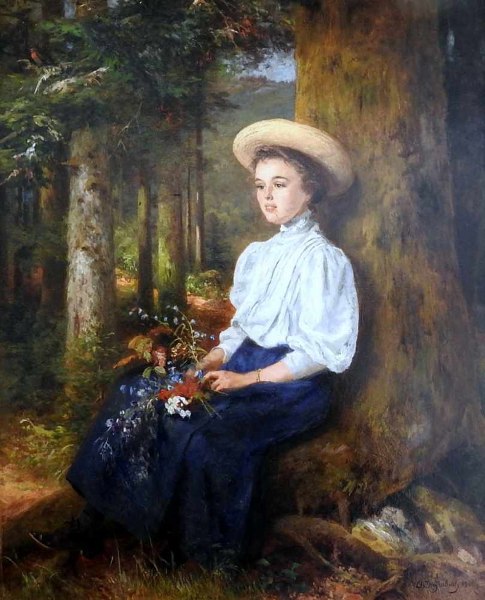 Anton Dieffenbach, 1831 Wiesbaden - 1914 Le Hohwald Damenportrait mit Sonnenhut und Pflückblumen