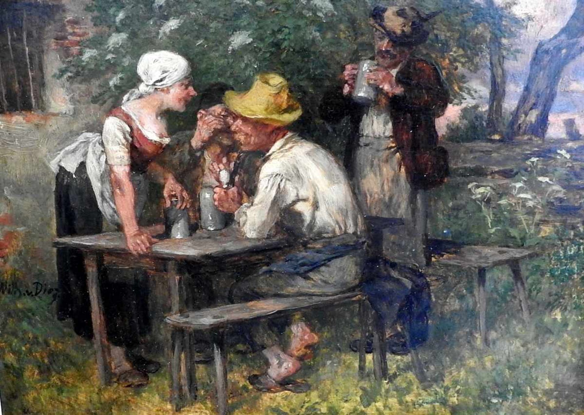 Wilhelm von Diez, 1839 Bayreuth - 1907 München Stammtisch im Garten. Öl/Holz, gerahmt. Links