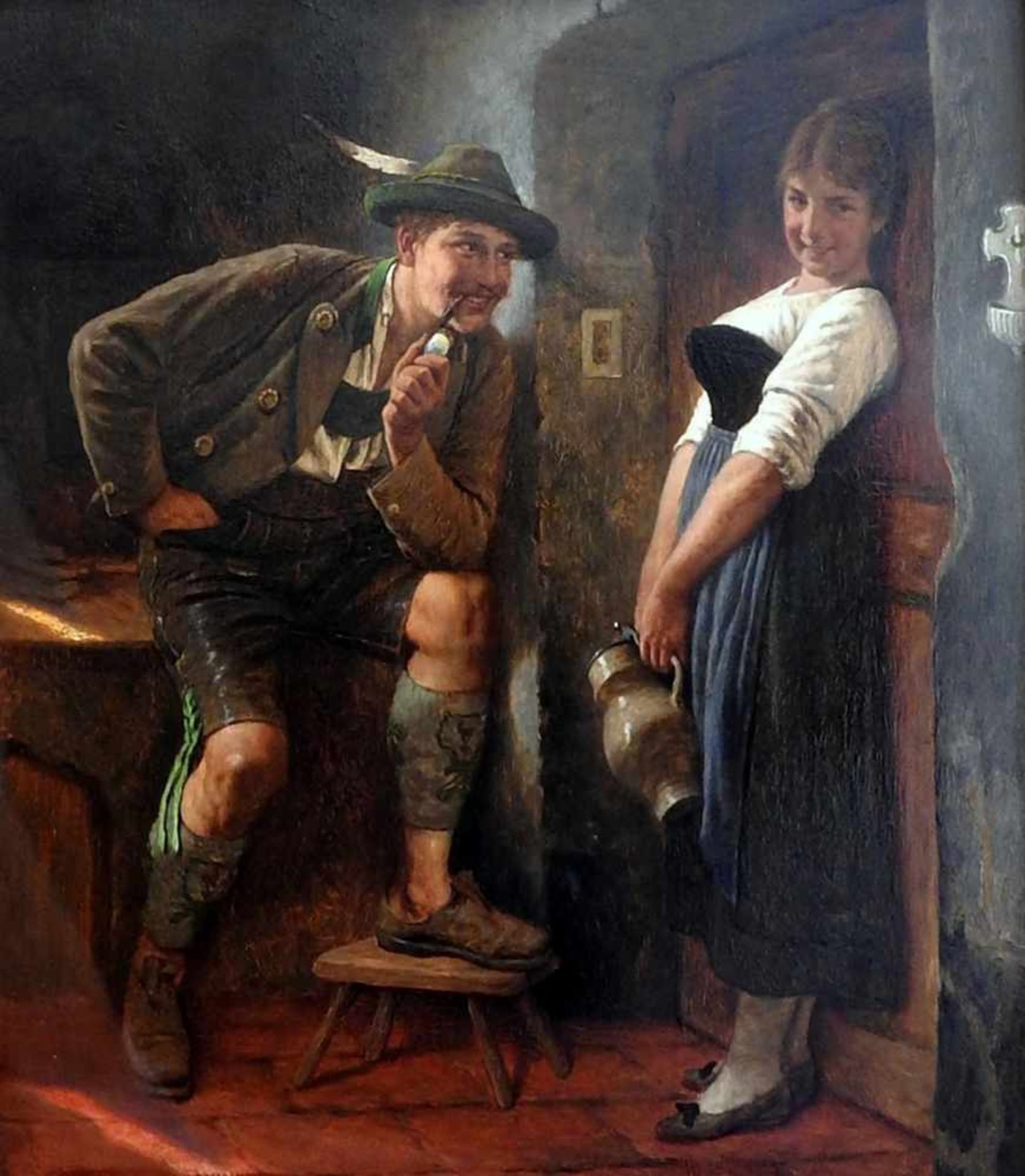 Maximilian Wachsmuth, 1859 Laßrönne - 1938 München Dirndl und Bursche in trautem Gespräch. Öl/