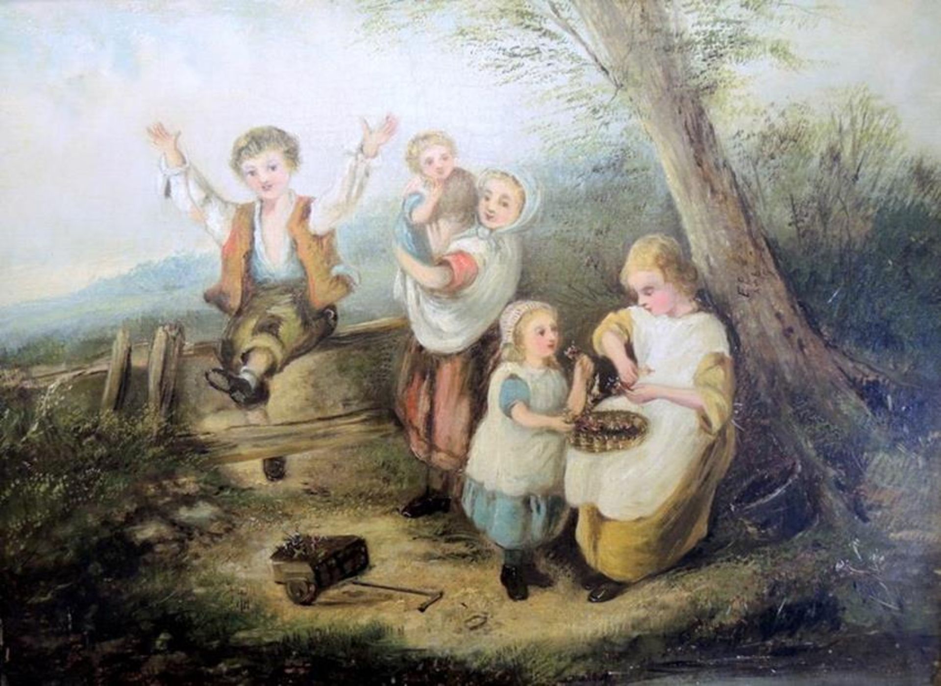 "Kinder beim Spielen" Öl/Leinwand, gerahmt. Links unten undeutlich signiert. Um 1850. H x B ca. 31 x