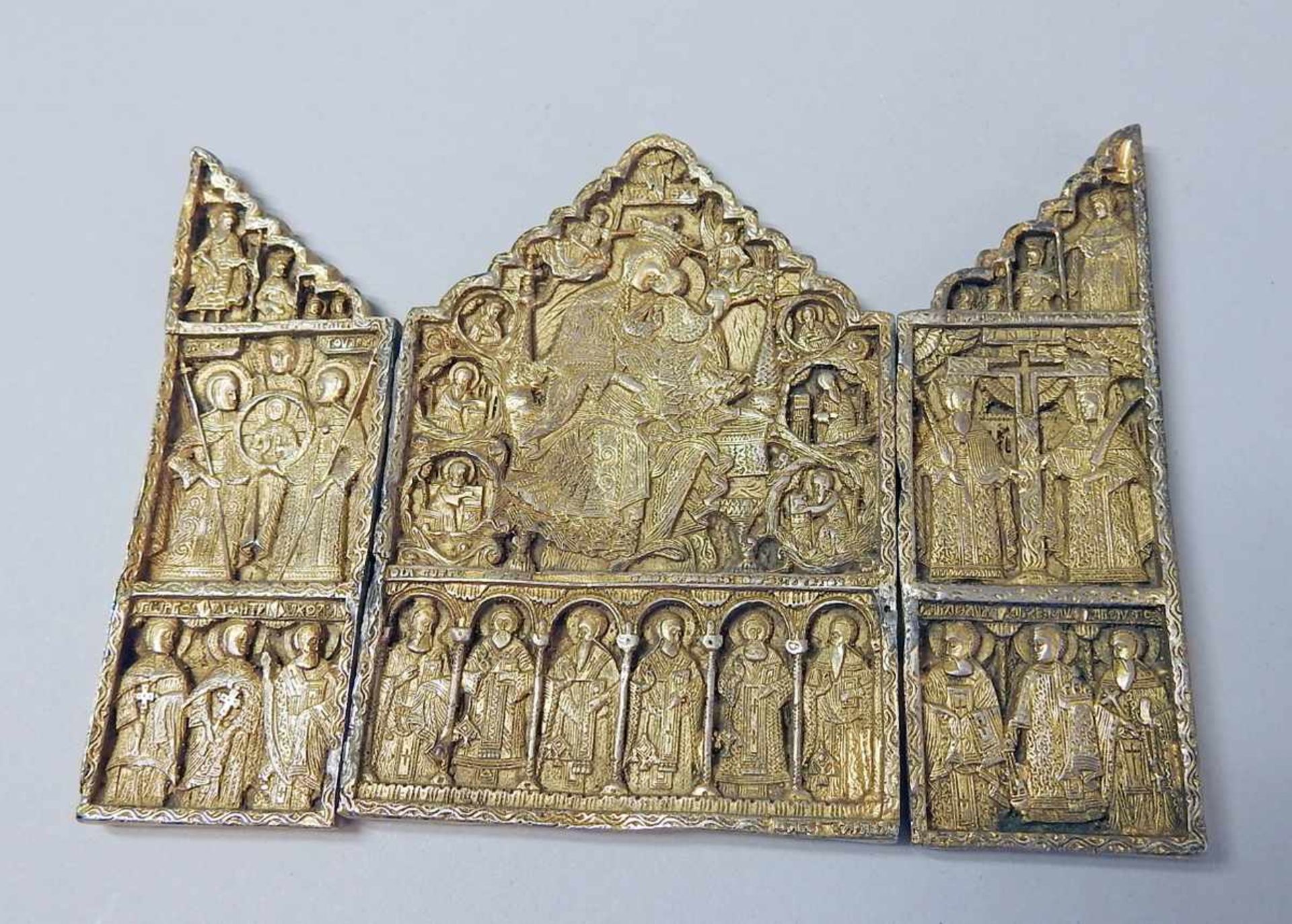 Reiseikone Silber 84 zolotniki, vergoldet. Triptychon mit griechisch-orthodoxer Ikonographie. Punzen