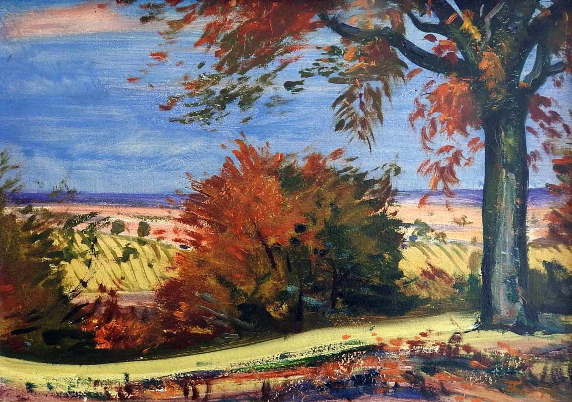 Theodor von Hötzendorff, 1898 Markdorf - 1974 Hindling Herbstliche Landschaft. Öl/Holz, gerahmt.