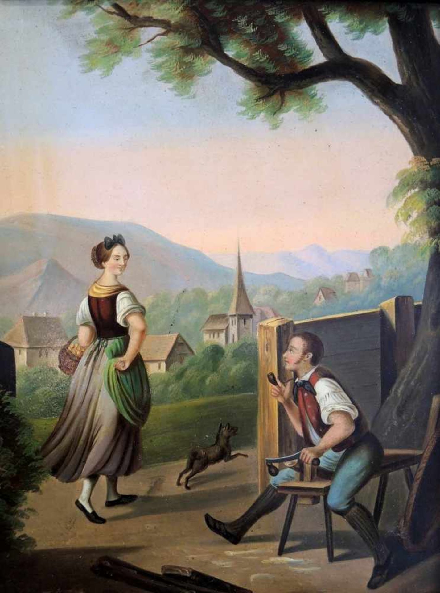 Das Zwiegespräch Biedermeier Blechbild. Junger Schreiner und Mädchen mit Eierkorb vor einer