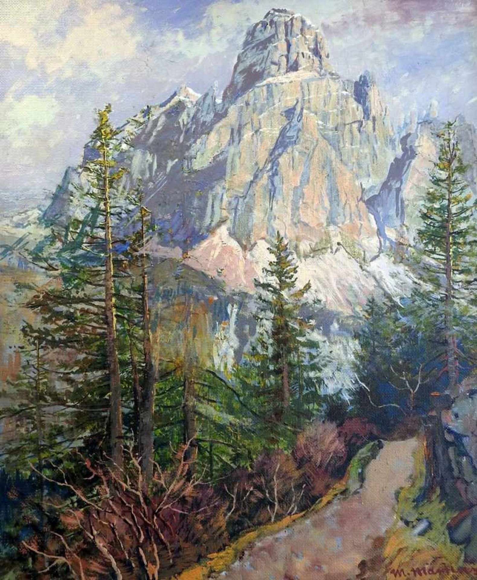 Max Märtens, 1887 Braunschweig - 1970 Chiemsee Gebirgslandschaft hinter einem Waldkrug mit Tannen.