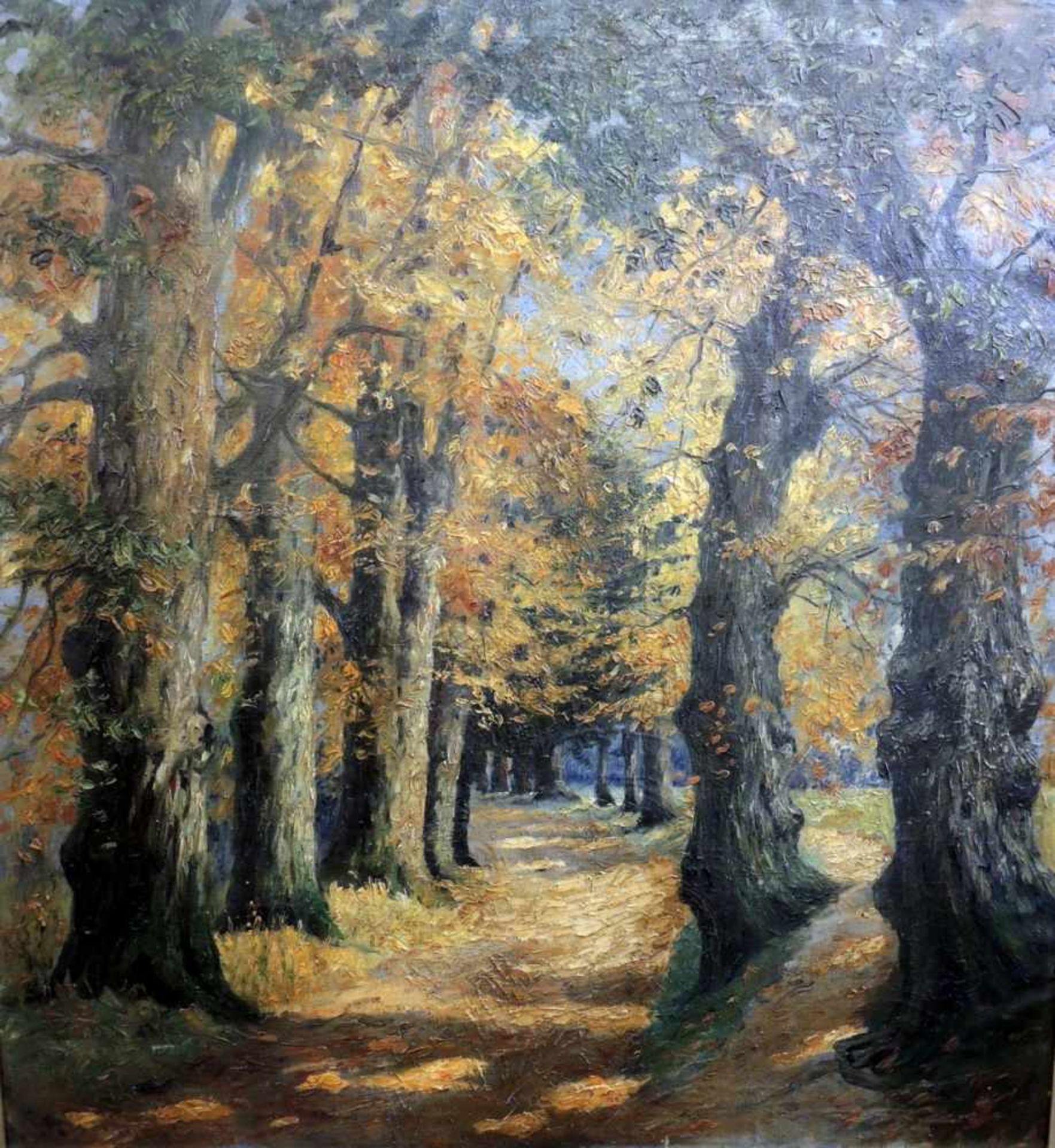 Waldweg im Herbst Öl/Leinwand, gerahmt, unsigniert. Wohl Deutschland, 19./20. Jh. Sehr gut erhalten.