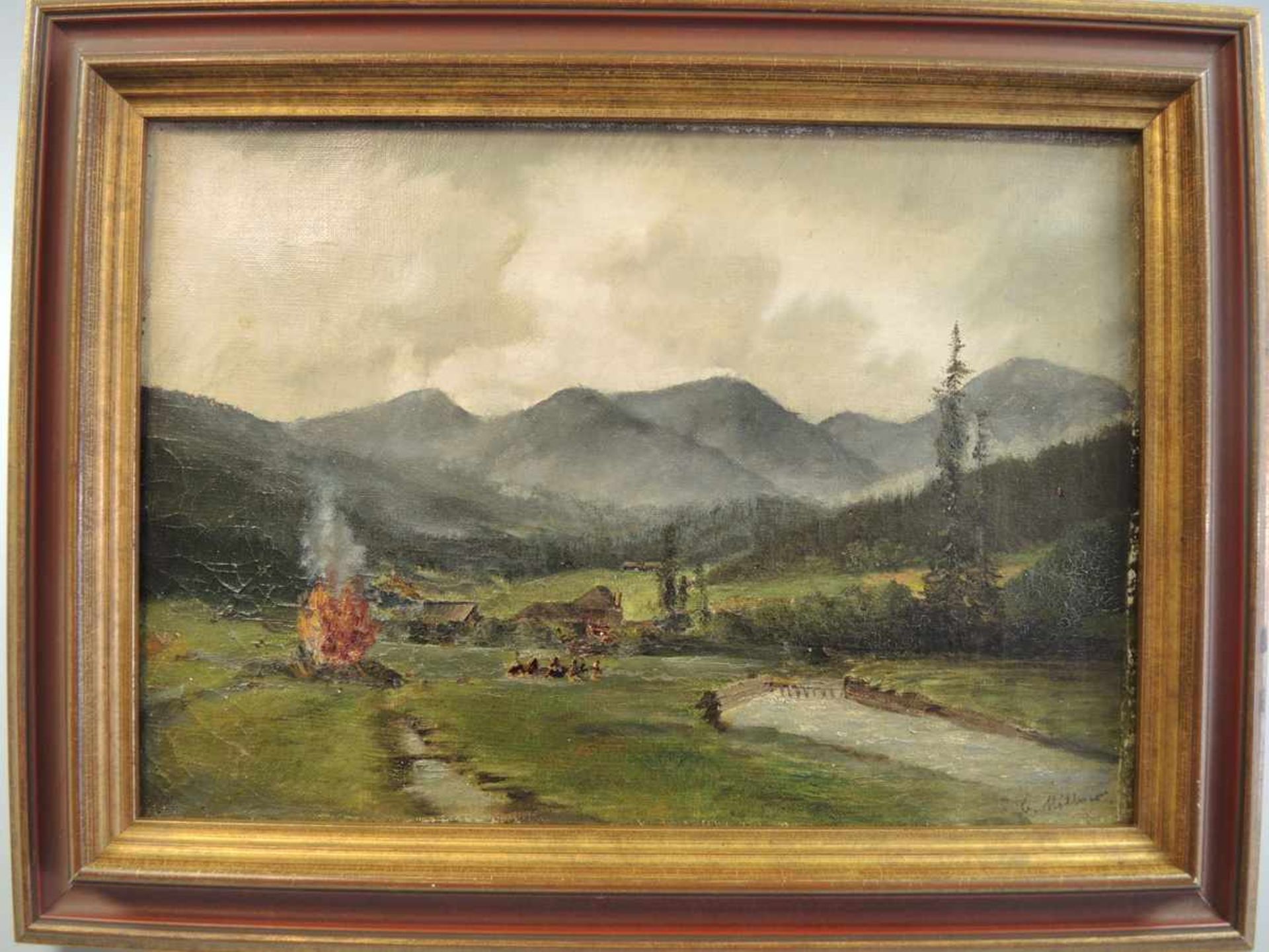 Karl Millner, 1825 Mindelheim - 1895 München Voralpenlandschaft mit Häusern und Lagerfeuer. Öl/ - Bild 2 aus 2
