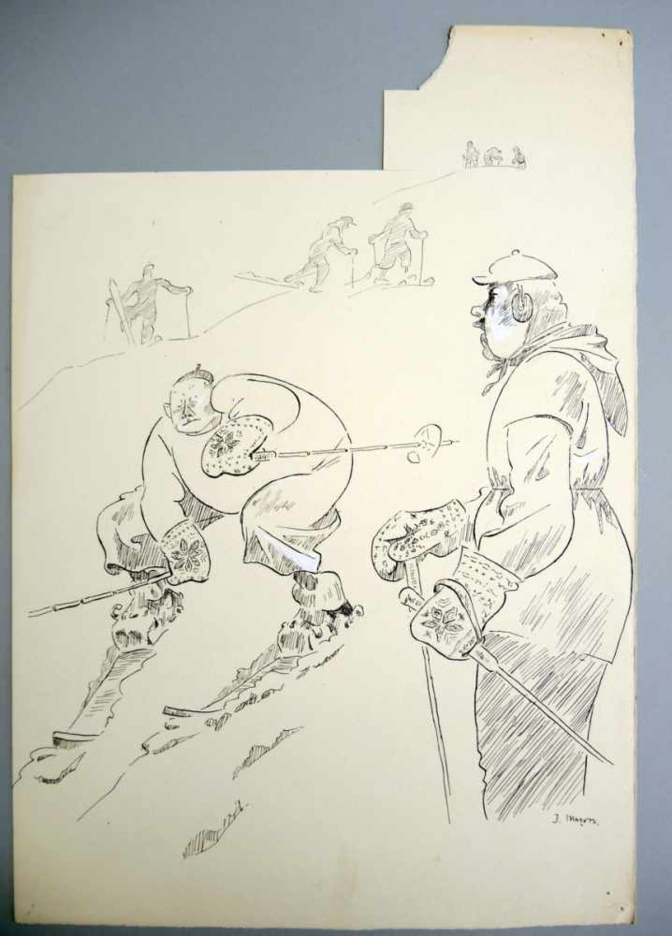 Julius Maçon, 1883 München - 1970 ebenda Unfreundliche Skifahrer. Tuschezeichnung auf Papier,