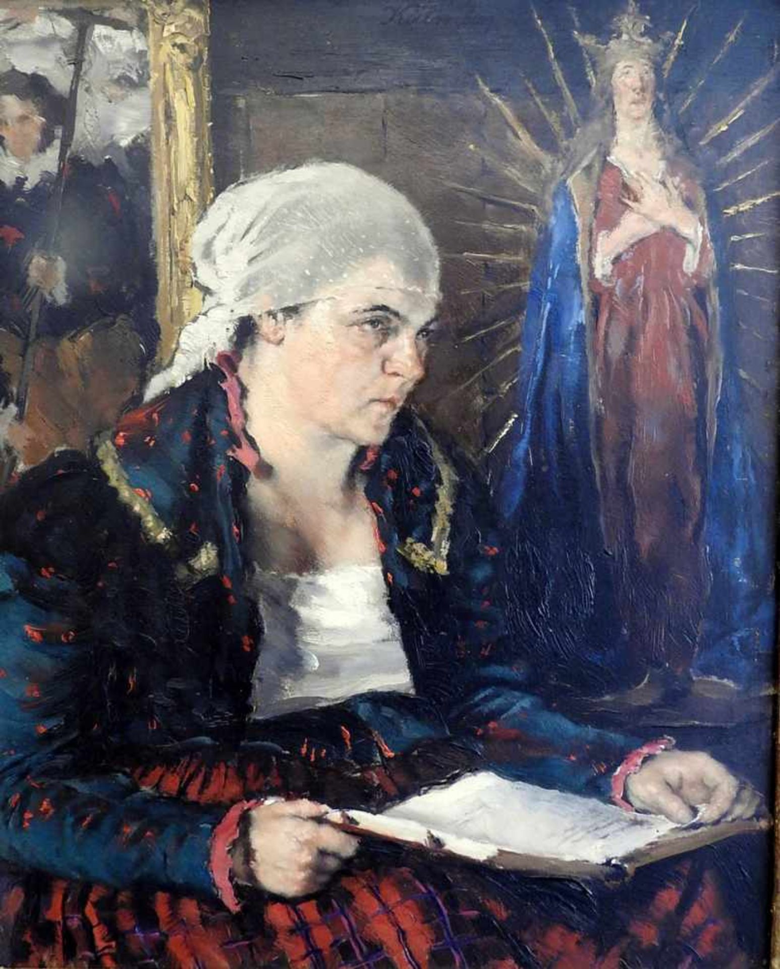 Péter Kálmán, 1877 Zsablya - 1948 Nußdorf/Inn Portrait einer betenden Frau in Tracht, mit einem Buch