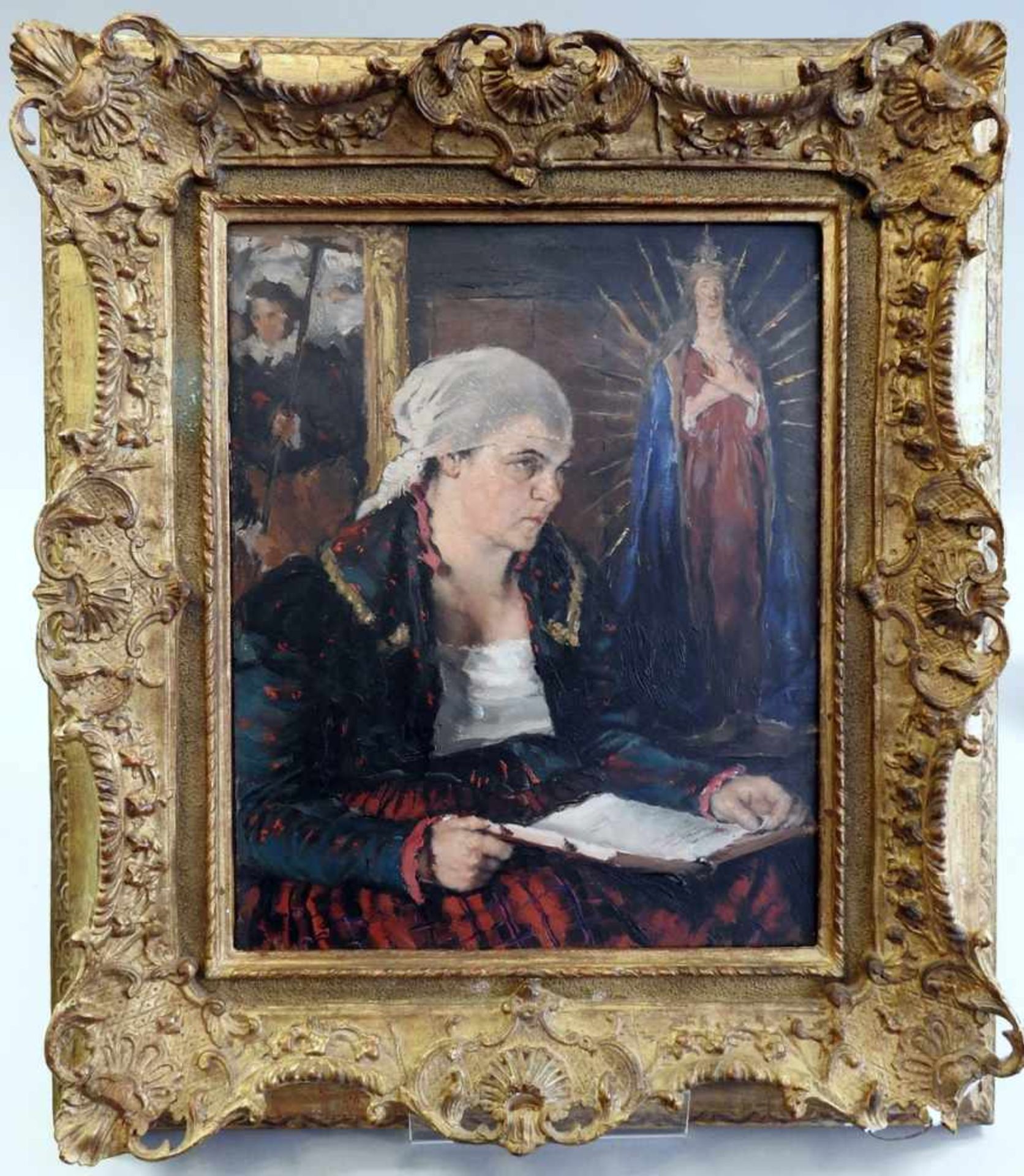 Péter Kálmán, 1877 Zsablya - 1948 Nußdorf/Inn Portrait einer betenden Frau in Tracht, mit einem Buch - Bild 2 aus 2