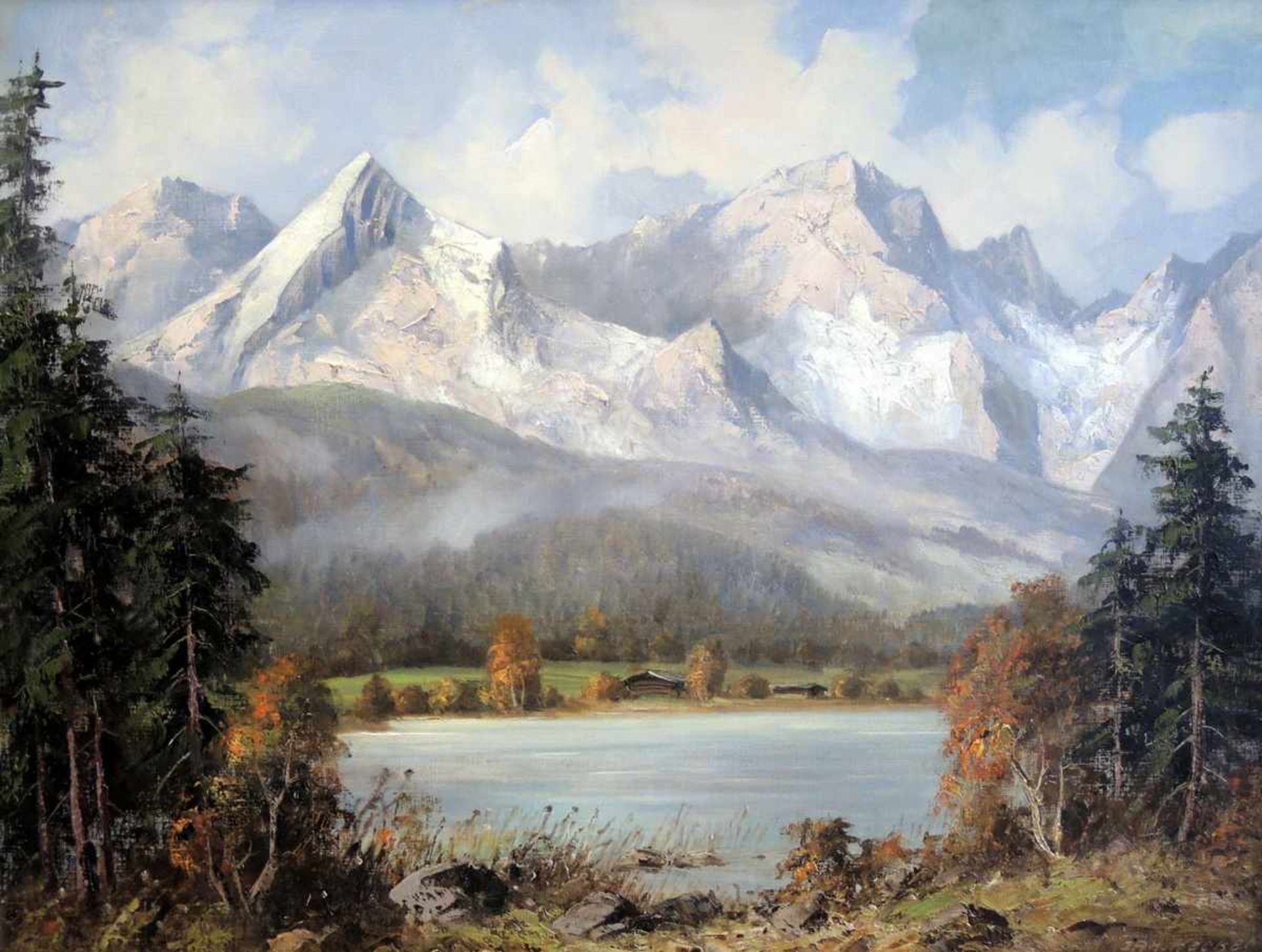 Berglandschaft mit See Öl/Leinwand, gerahmt, rechts unten signiert "Za. Hecker". Sehr gut