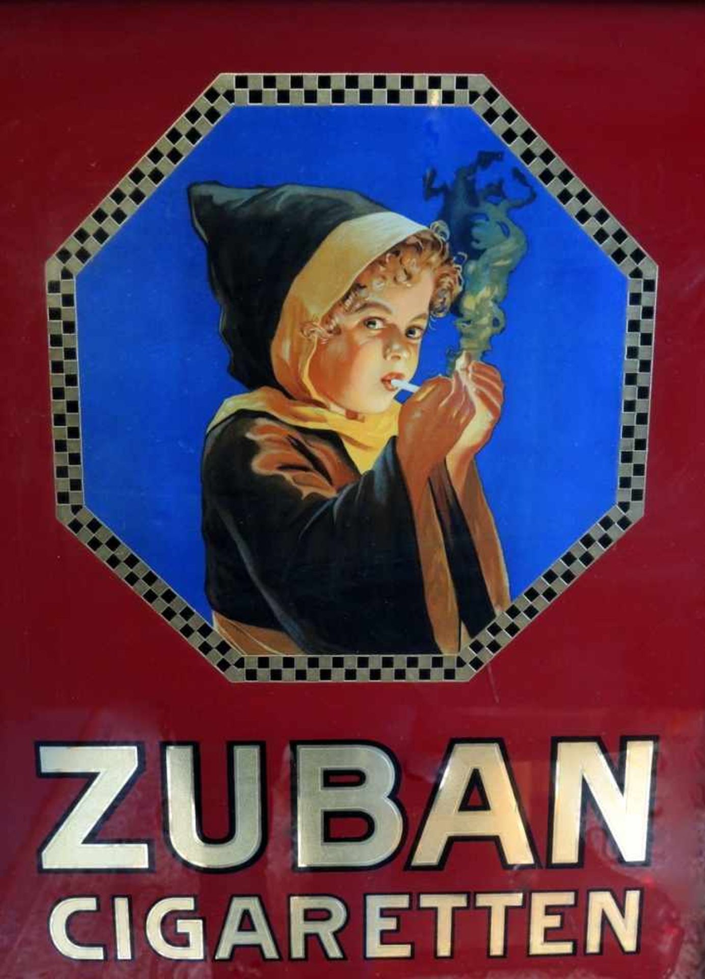 Plakat "Zuban Cigaretten" Hinterglasdruck, gerahmt. Rauchendes Münchner Kindl im blauen Achteck