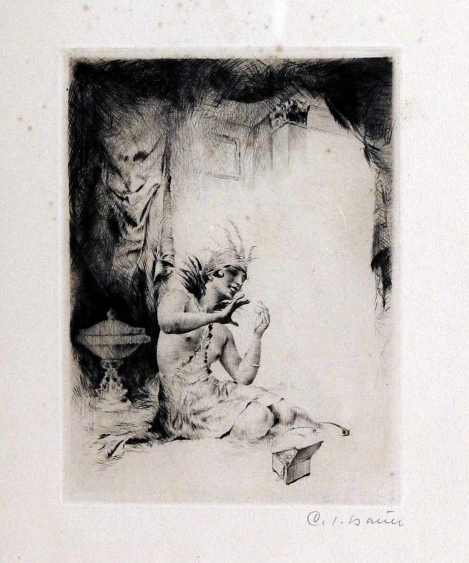 Spielende Frau im Boudoir Lithographie/Papier, unter Glas, gerahmt. Rechts unten mit Bleistift