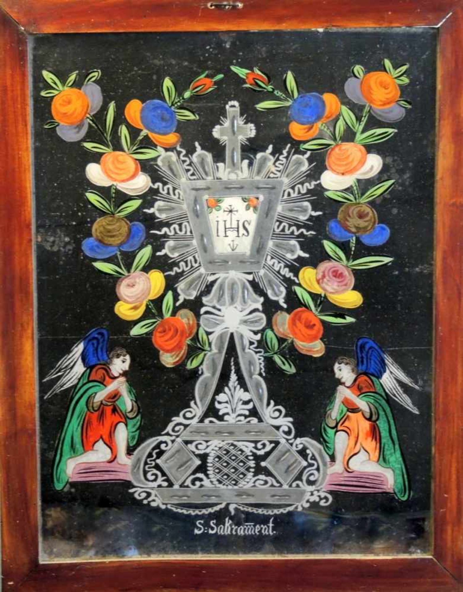 Nonnenspiegel Darstellung des Hl. Sakrament der Eucharistie, mit Blumen und zwei knieenden Engeln.