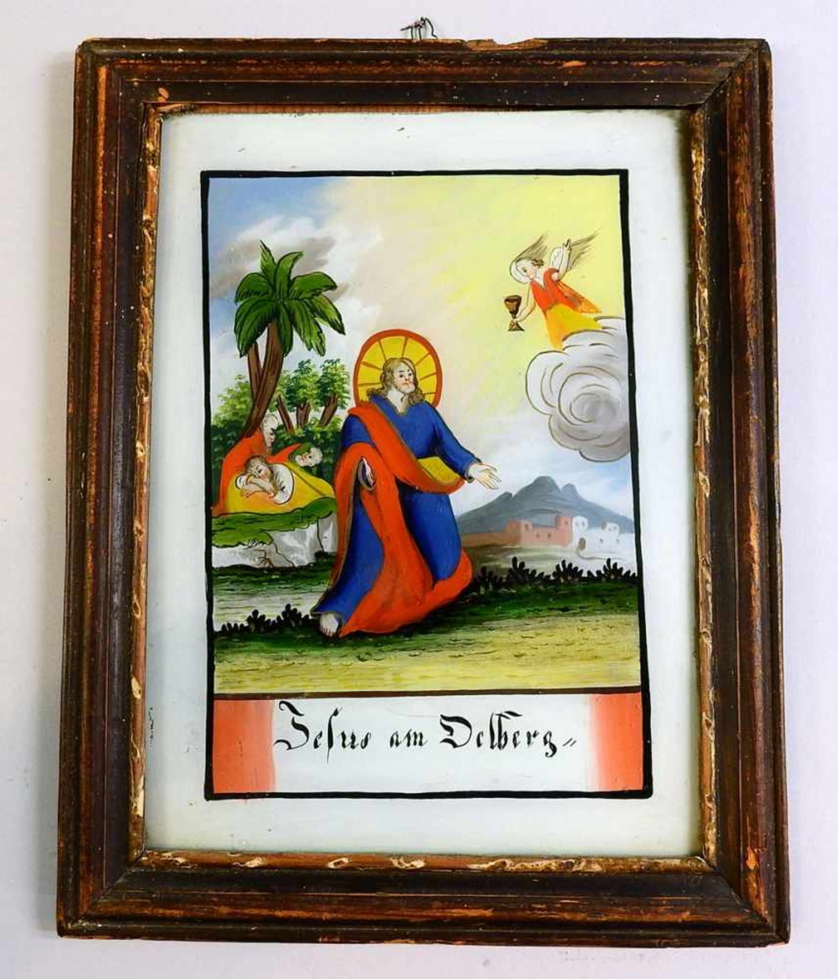 Jesus am Delberg Hinterglasbild, gerahmt. Sehr guter Zustand. Alpenländisch, 19. Jh. H x B ca. 25