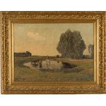Douzette, Fritz (1878- Berlin- 1955) Landschaft mit Reiter und 3 Pferden im Teich, Öl auf