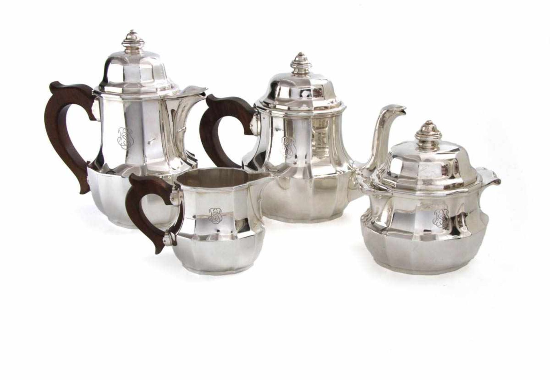 4-teilig. Kaffee-Teeservice, Frankreich 950er Silber. Bestehend aus Kaffeekanne, Teekanne,