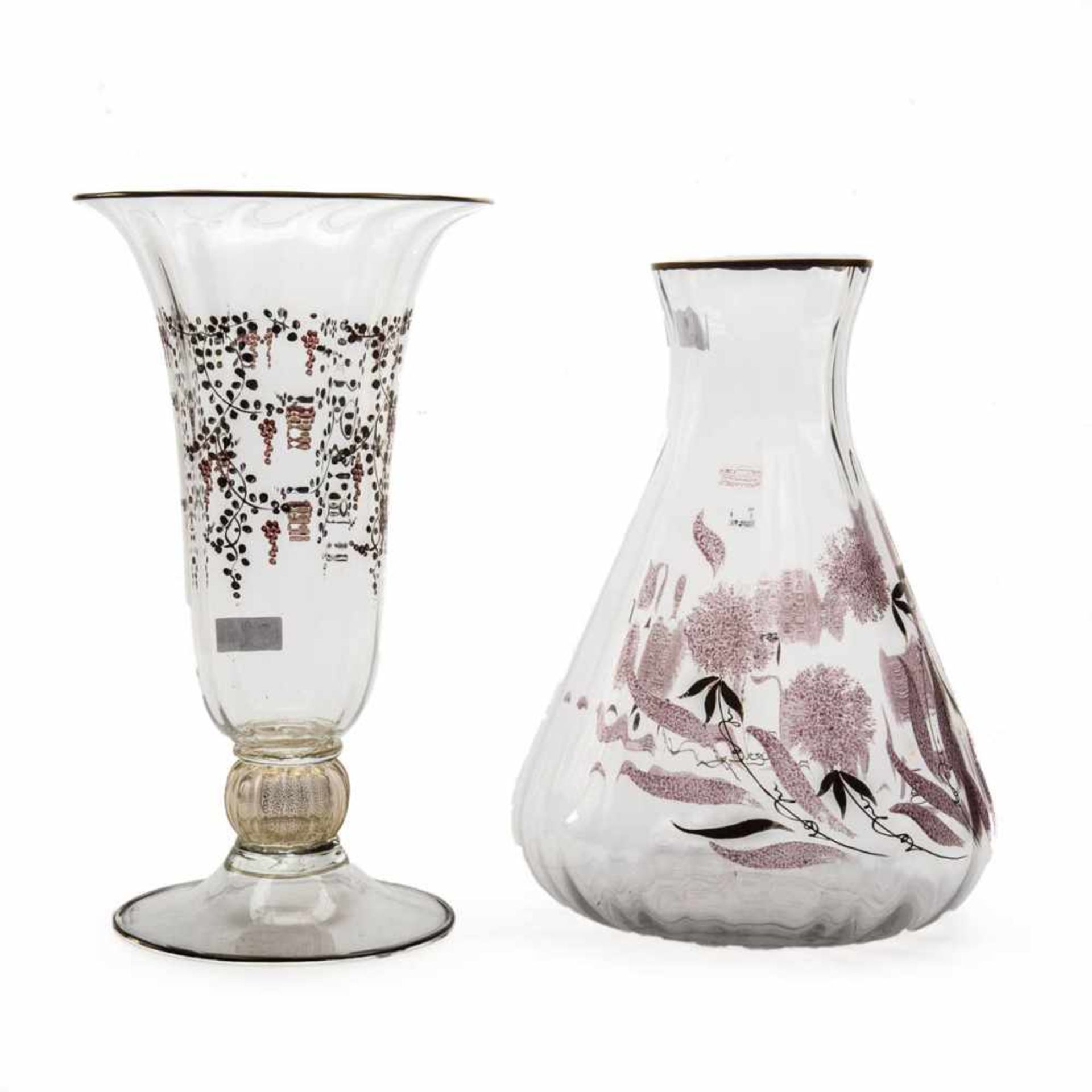 Konvolut von 2 großen Vasen, Salvadori Murano Farbloses Glas, optisch geblasen, Emailmalerei und