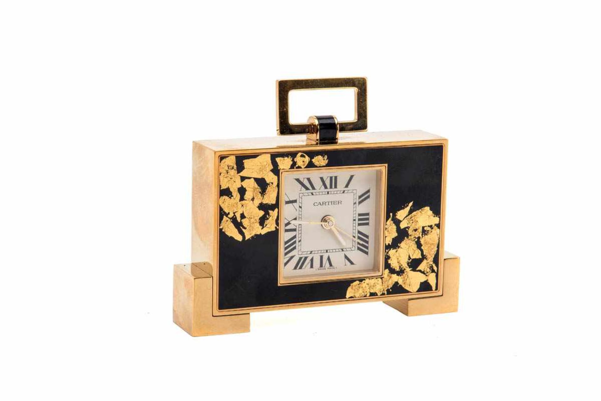 Cartier Reisewecker Cartier Uhrwerk mit Handaufzug, Metall vergoldet, , weißes Zifferblatt, Zeiger