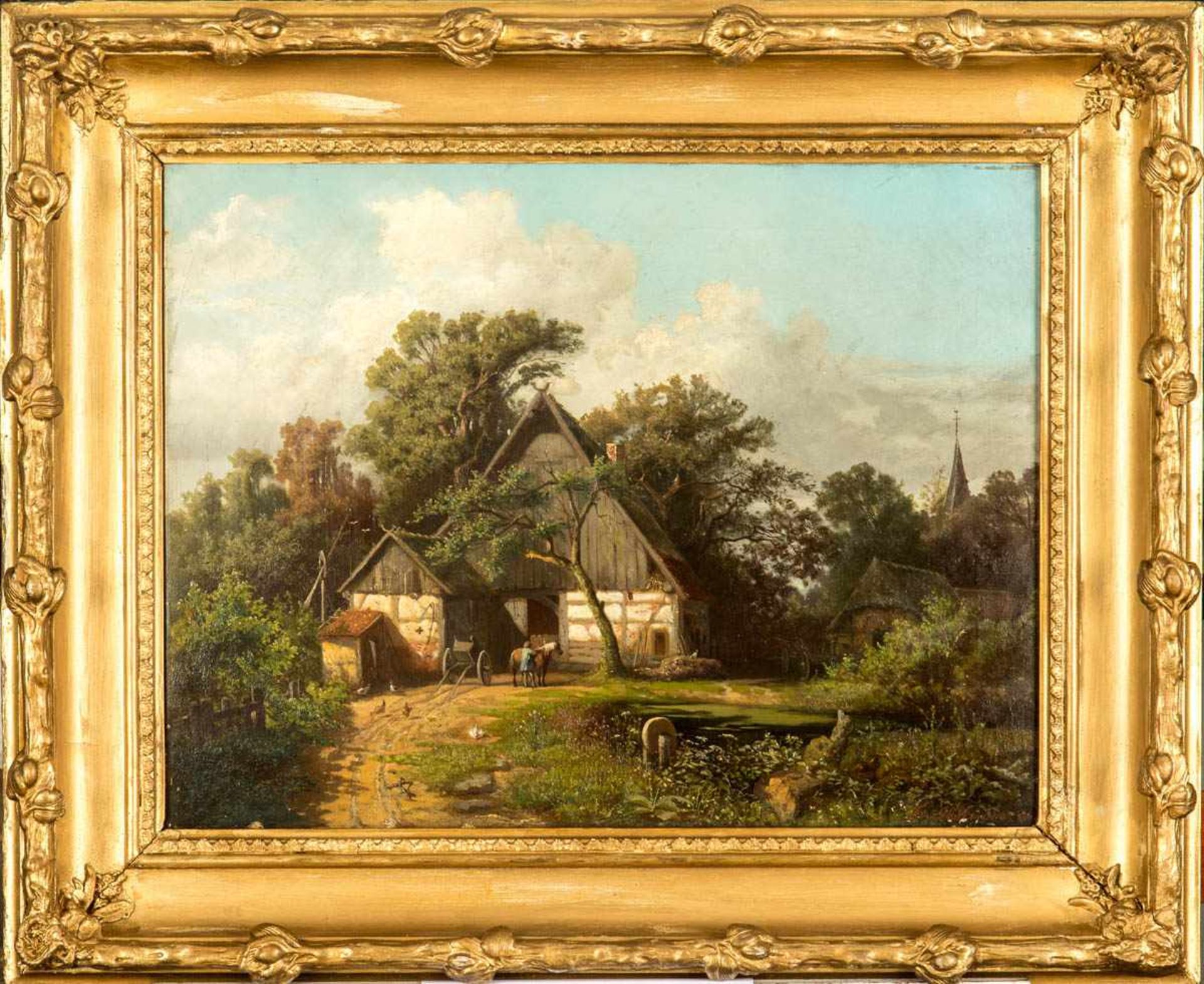 Holtmann, Th. Bauernhaus mit Federvieh am Dorfrand, 1856, Öl auf Leinwand, 44 x 58 cm, im Himmel