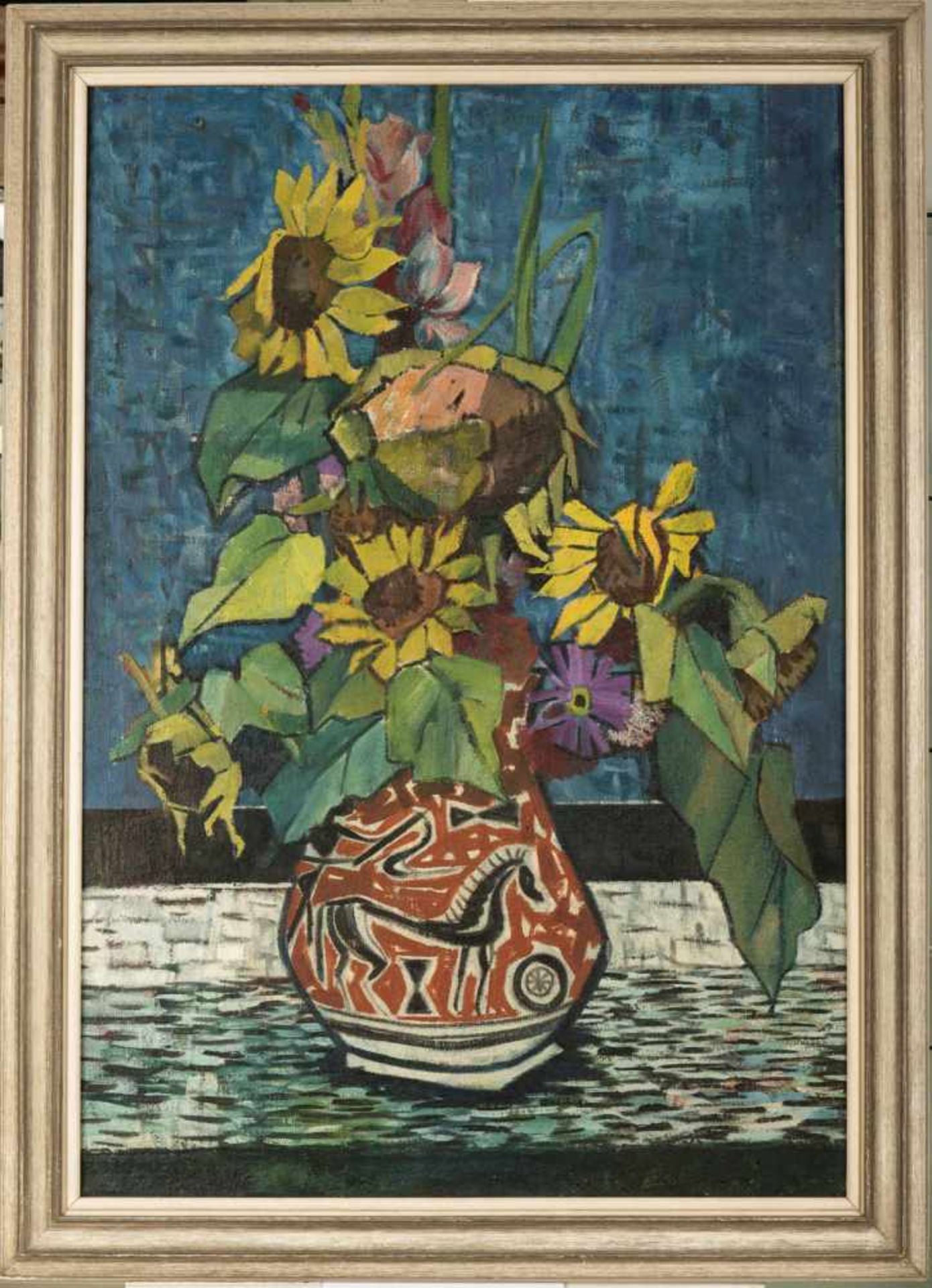 Arnold Balwé (1898-1983) zugeschrieben, Blumenstillleben mit Sonnenblumen in griechischer Vase, um