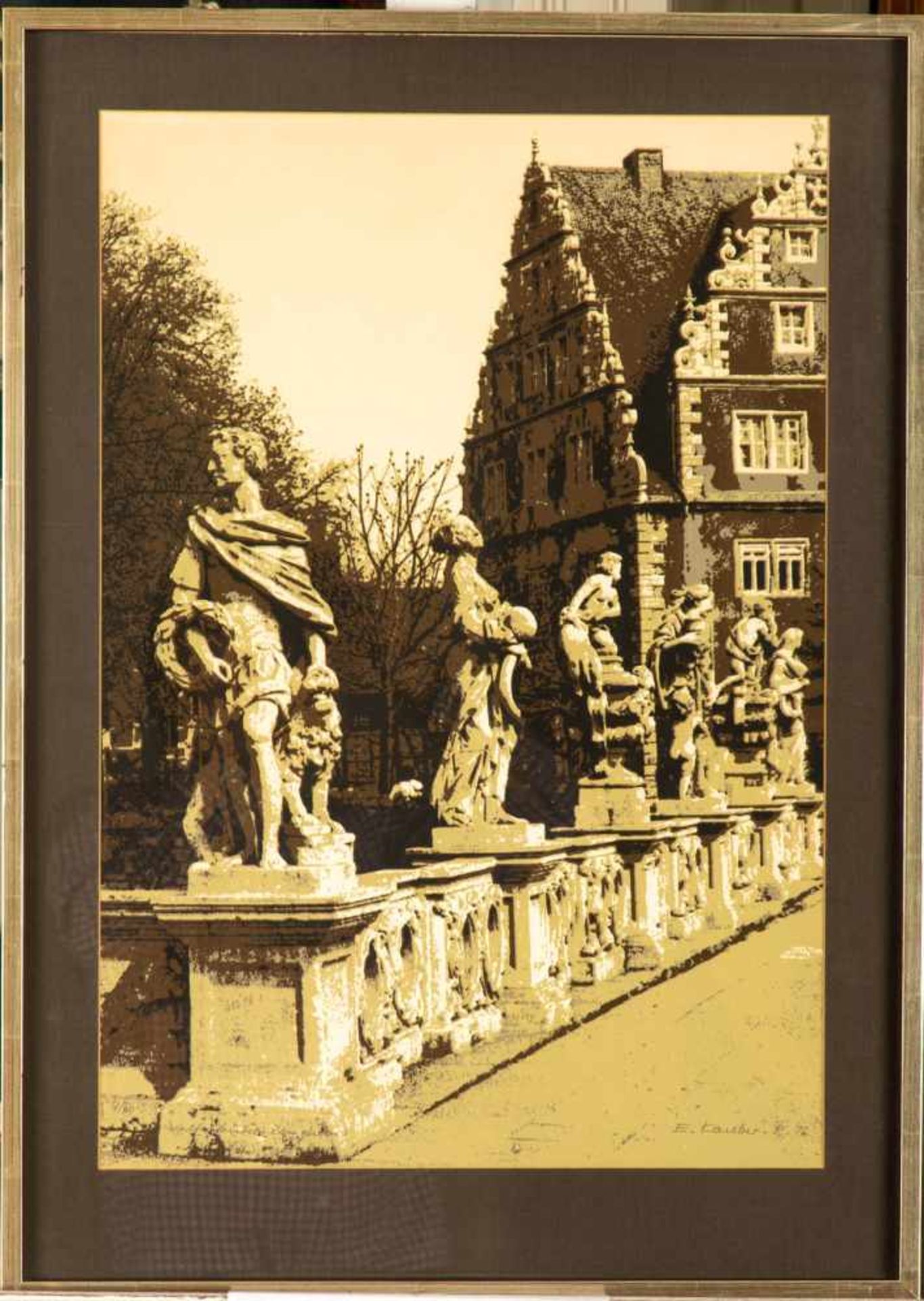 Kauber, E. Schloßansicht mit Skulpturen. Lithografie, Reu. Von hand sign., dat.(19)76. Blattgr. 59 x