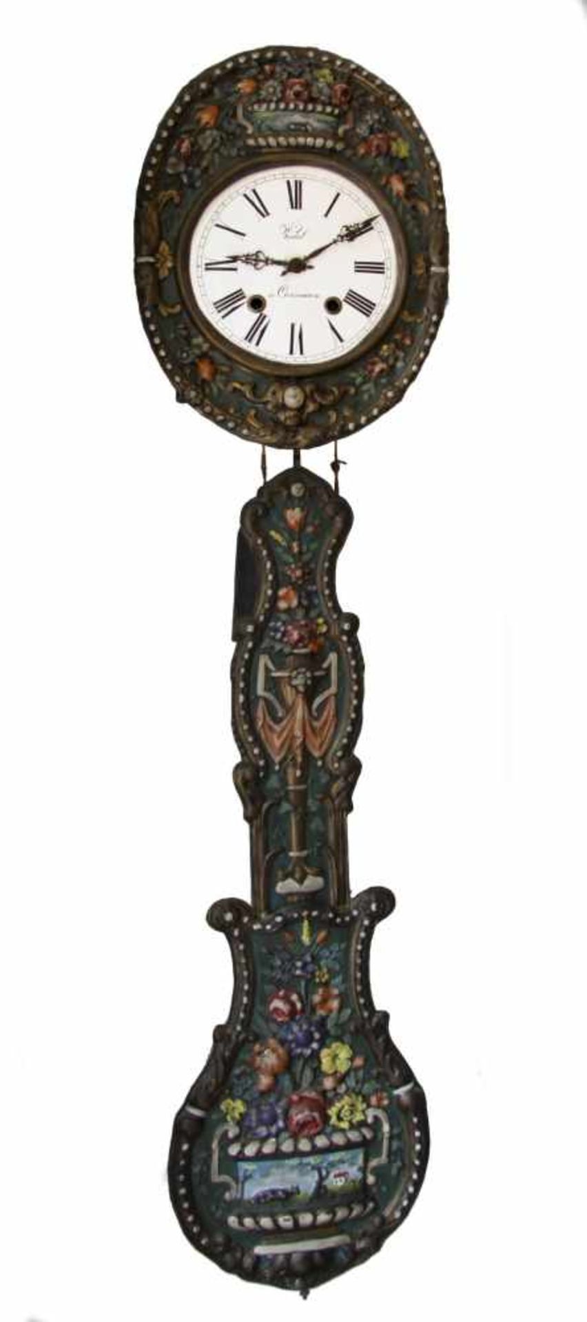 Pracht-Comtoise-Uhr, Vedel á Carmaux um 1860 Messing geprägt polychrom bemalt. Ovale Schauseite