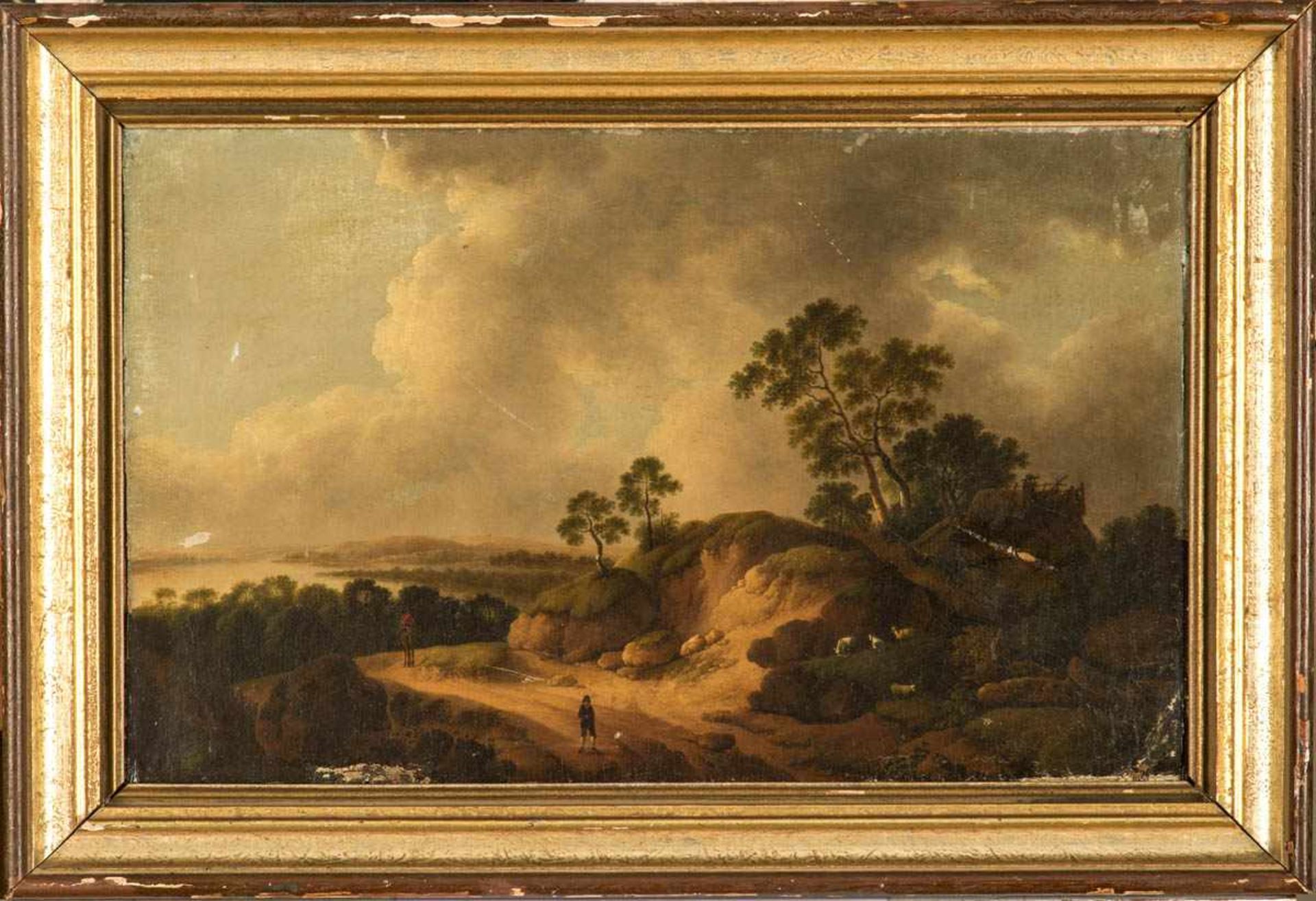 Romantiker des früher 19. Jhs. Romantische hügelige Landschaft mit Weidetieren. 32 x 46 cm. R.