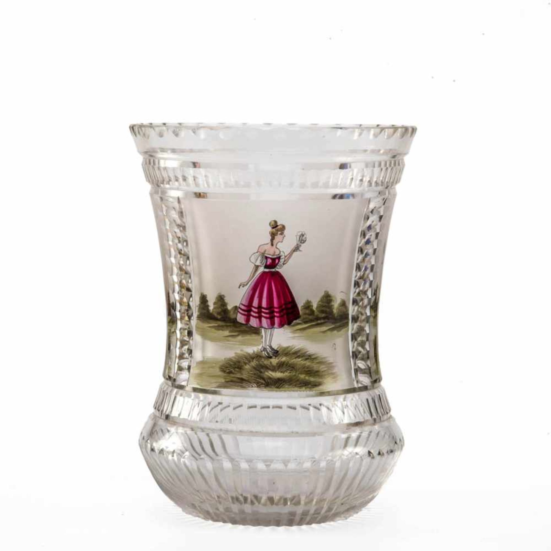 Ziervase, Böhmen 19. Jh. Farbloses Glas, mit eingeschliffenen Facetten, Korpus in der Mitte leicht