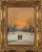 Peters, M. "Winterlandschaft mit Paar bei Sonnenuntergang". Öl/Holz. Re.u. sign. 23 x 16 cm. R.